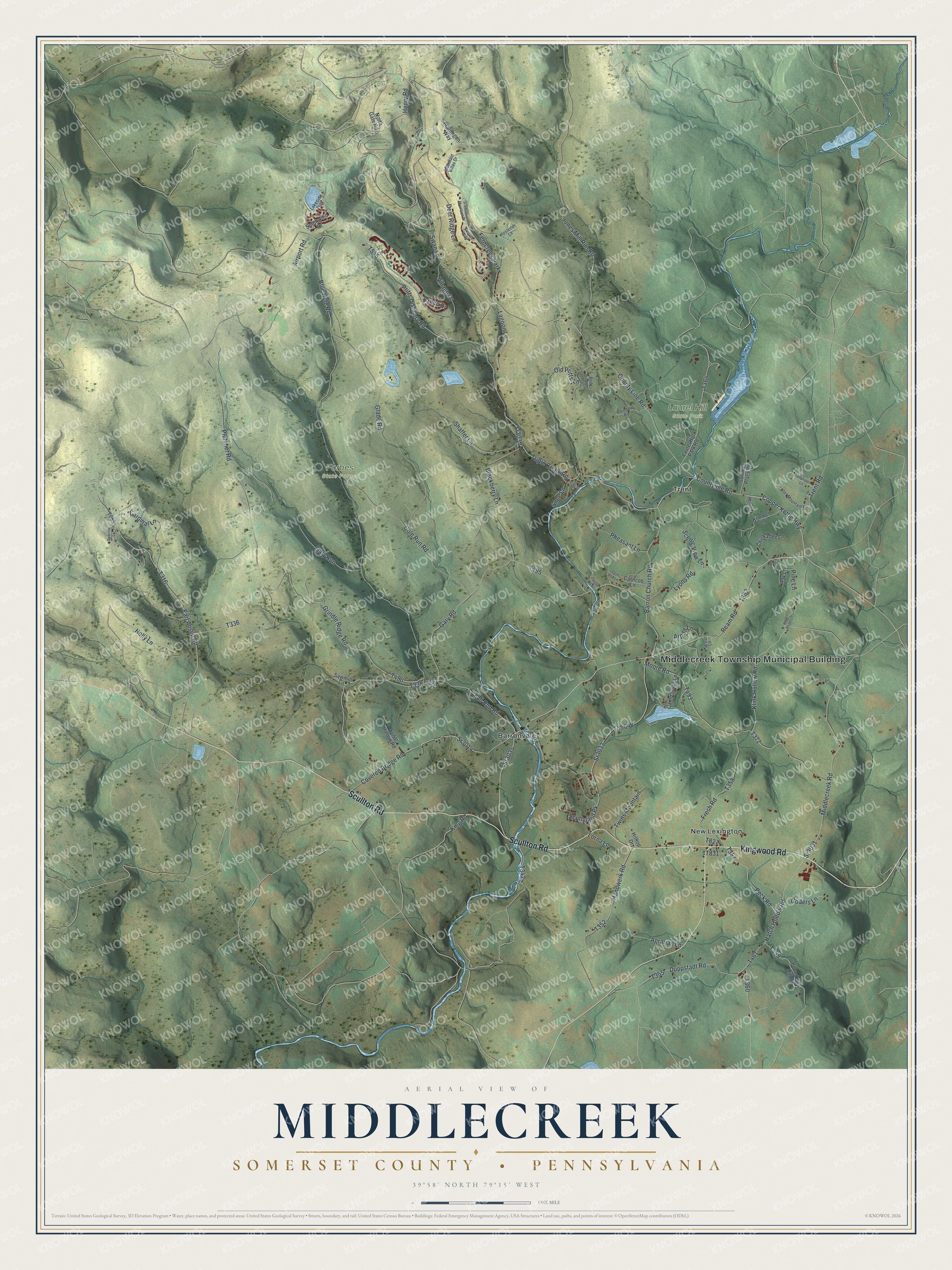 Full map of Middlecreek, Somerset County, Pennsylvania, with red buildings, printed street names and the land around them