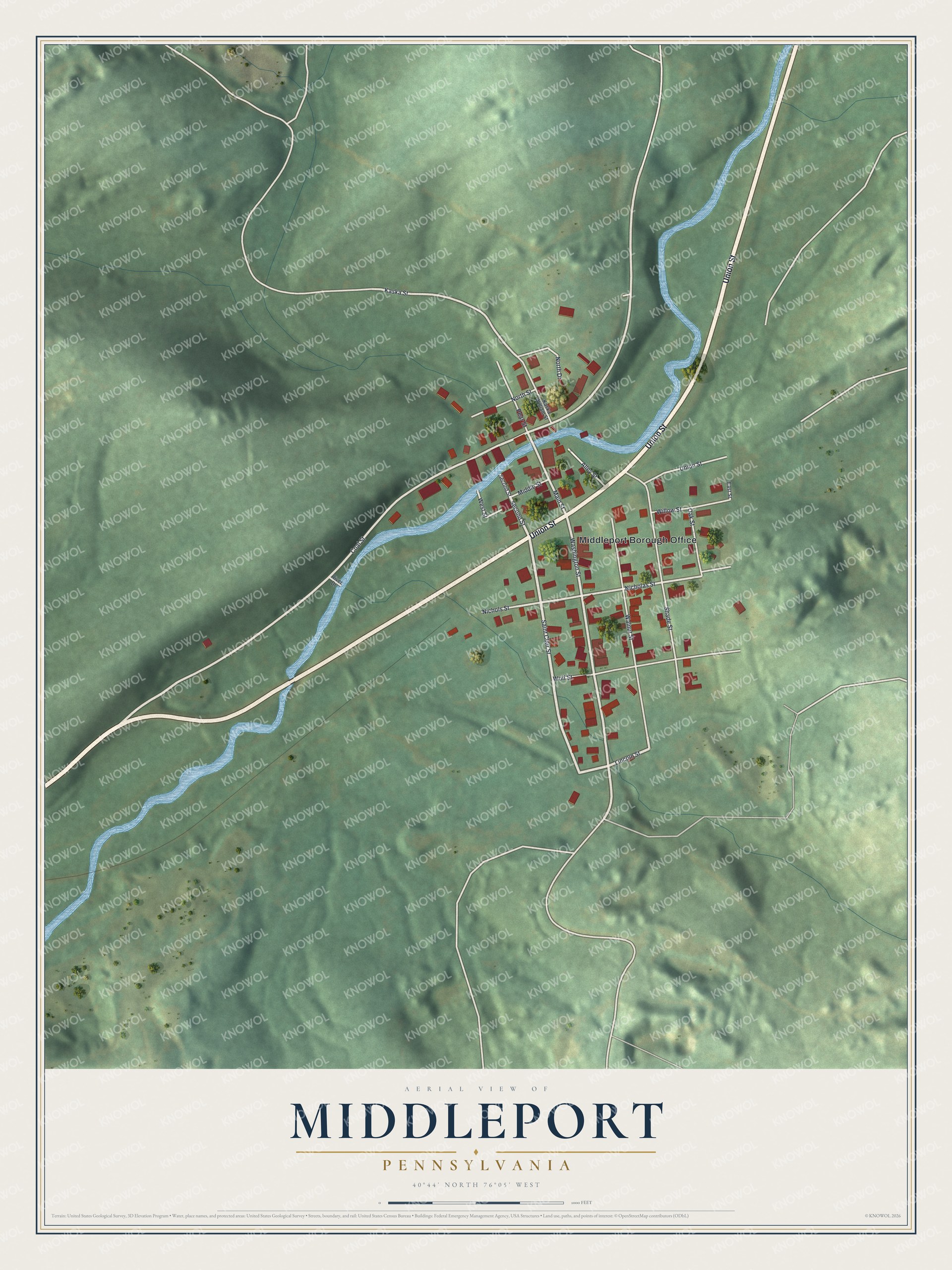Full map of Middleport, Pennsylvania, with red buildings, printed street names and the land around them