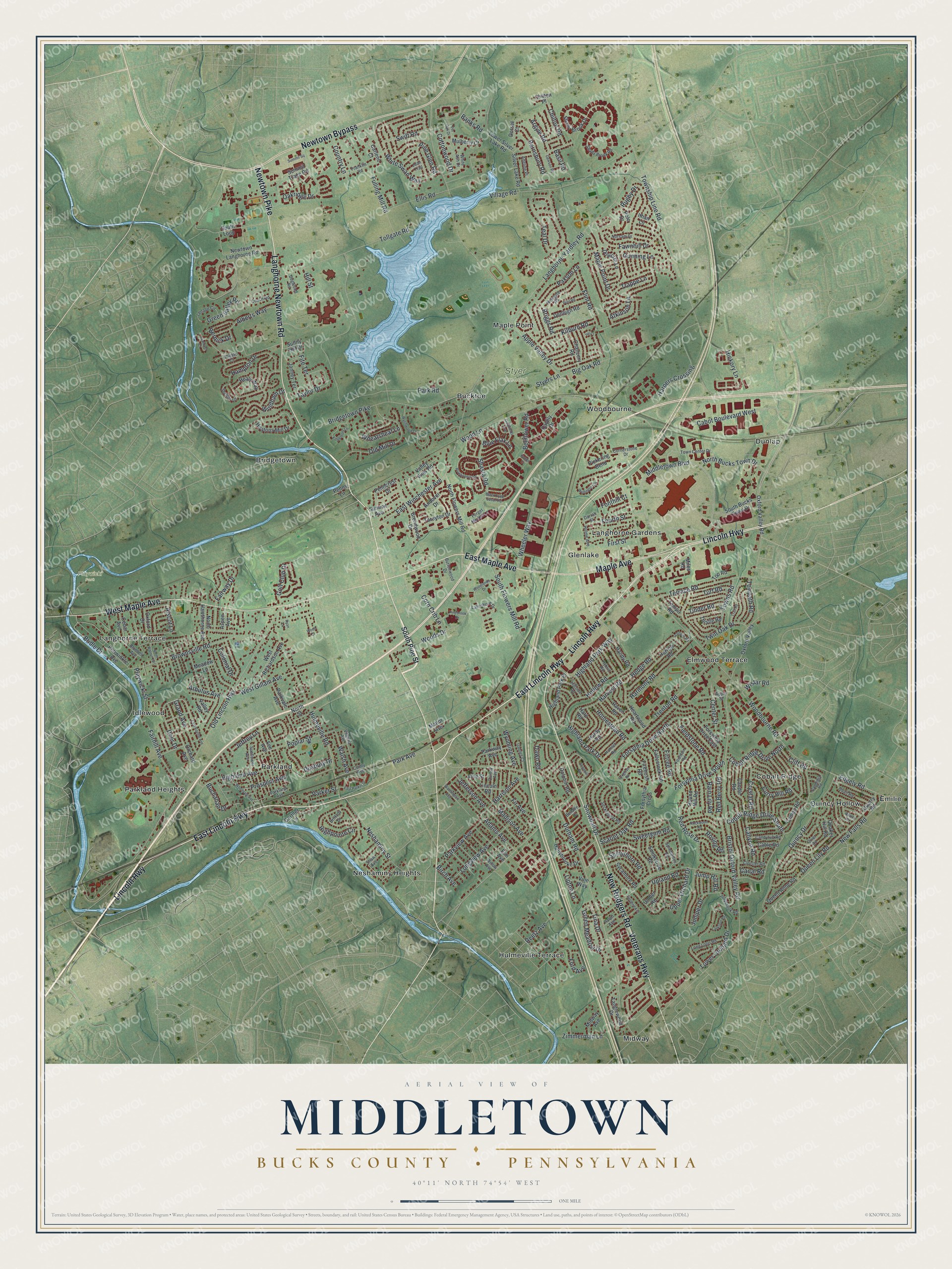 Full map of Middletown, Bucks County, Pennsylvania, with red buildings, printed street names and the land around them
