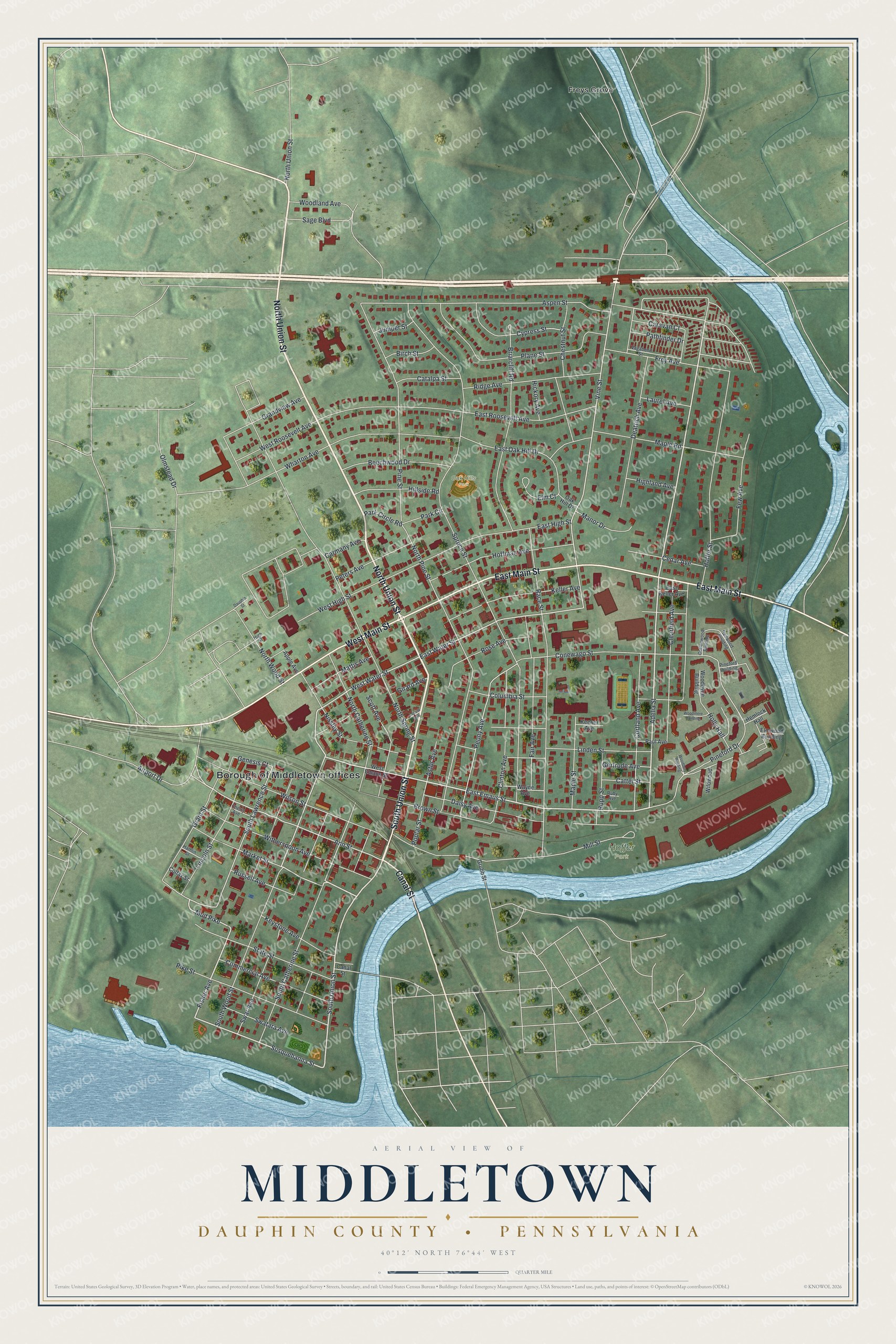 Full map of Middletown, Dauphin County, Pennsylvania, with red buildings, printed street names and the land around them