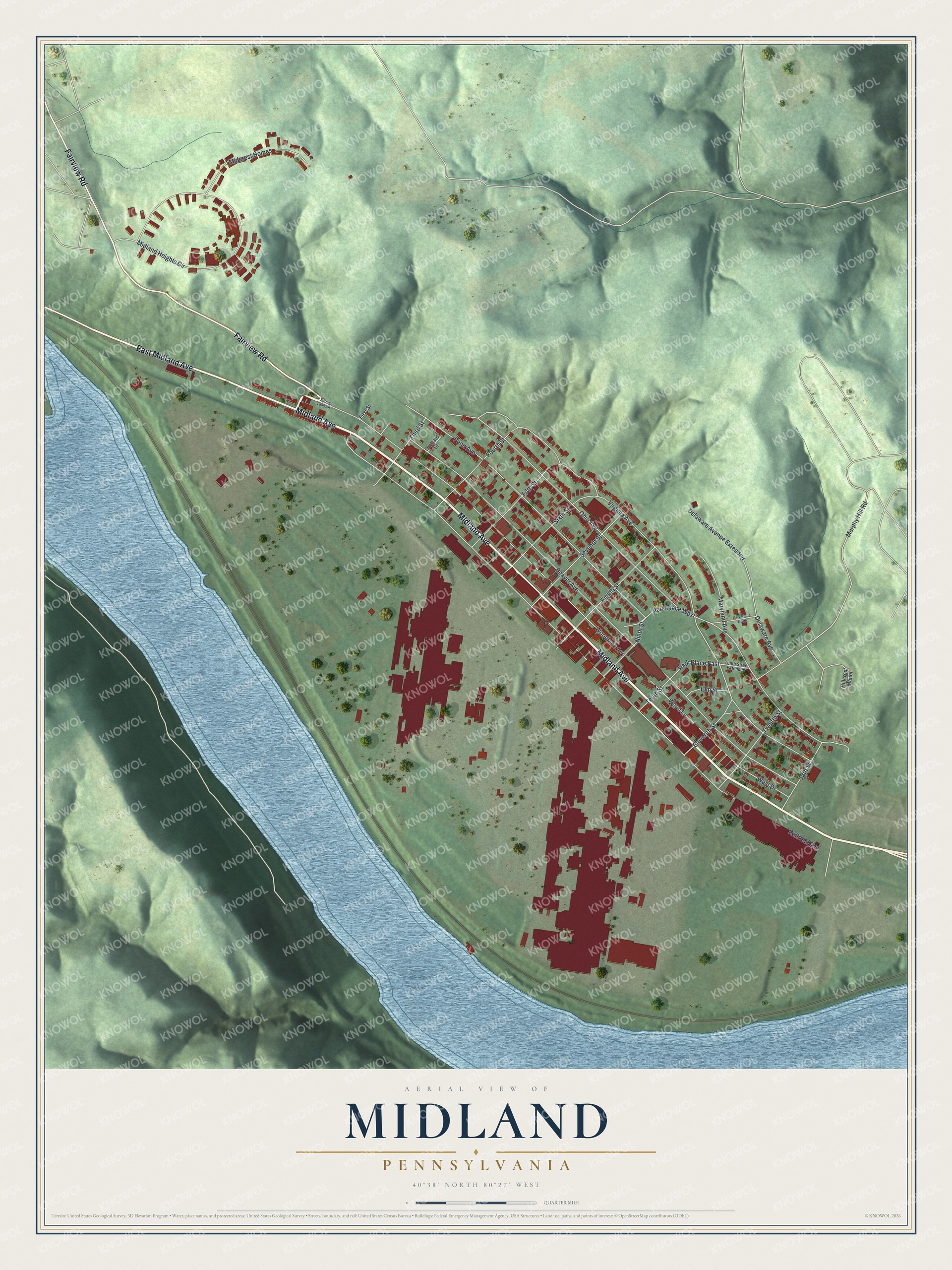 Full map of Midland, Pennsylvania, with red buildings, printed street names and the land around them