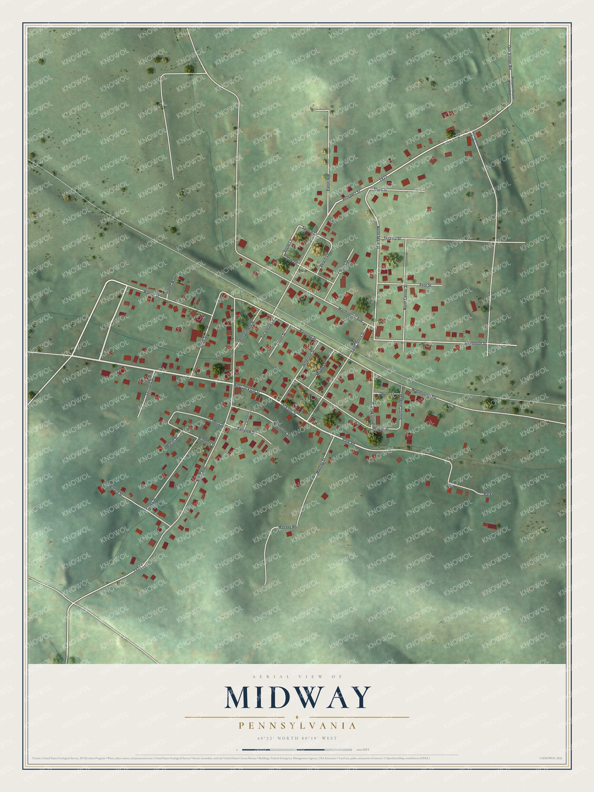 Full map of Midway, Pennsylvania, with red buildings, printed street names and the land around them