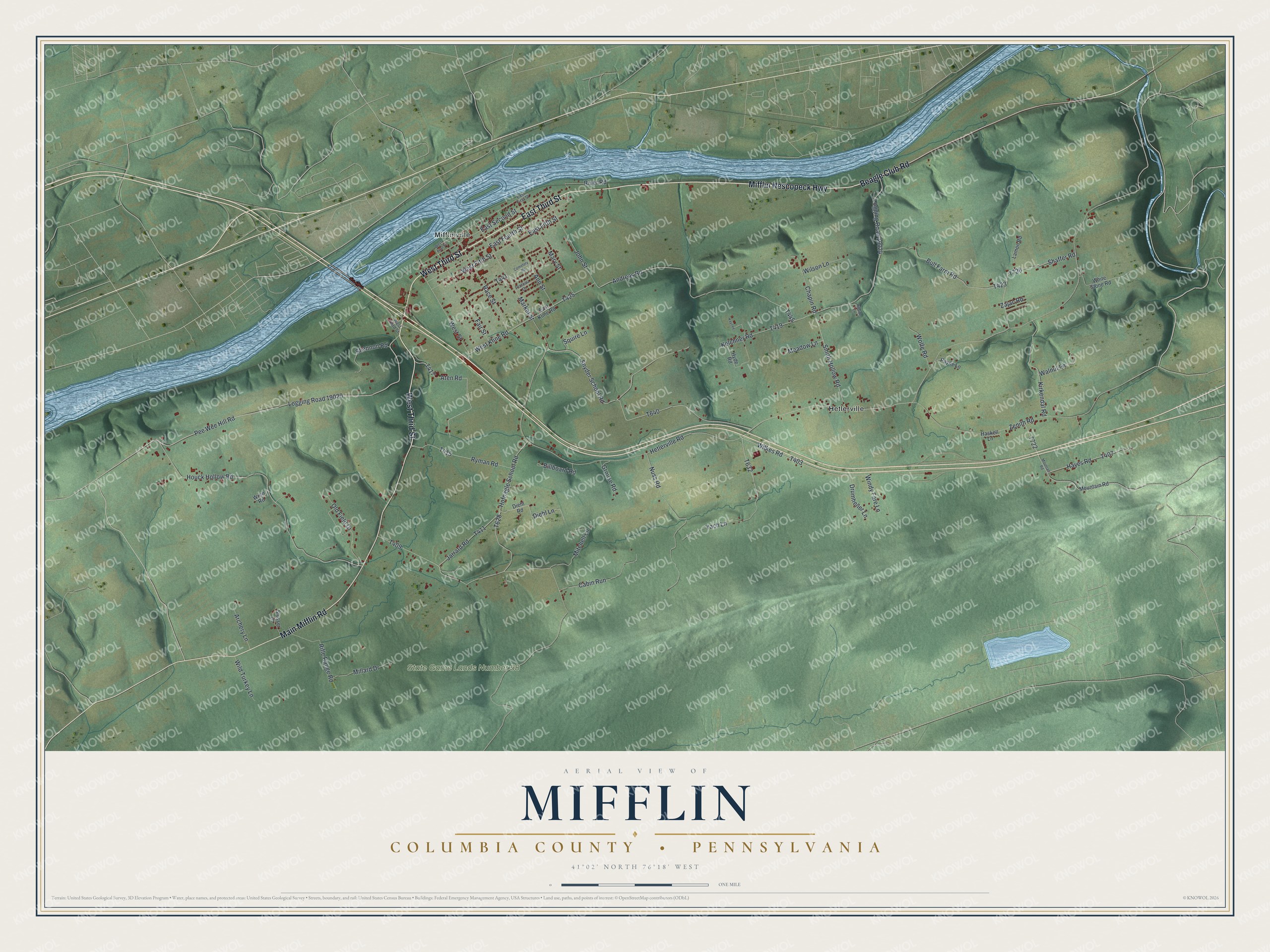 Aerial map of Mifflin Township, Columbia County, Pennsylvania, with a wide blue river, green ridges and the streets of Mifflinville