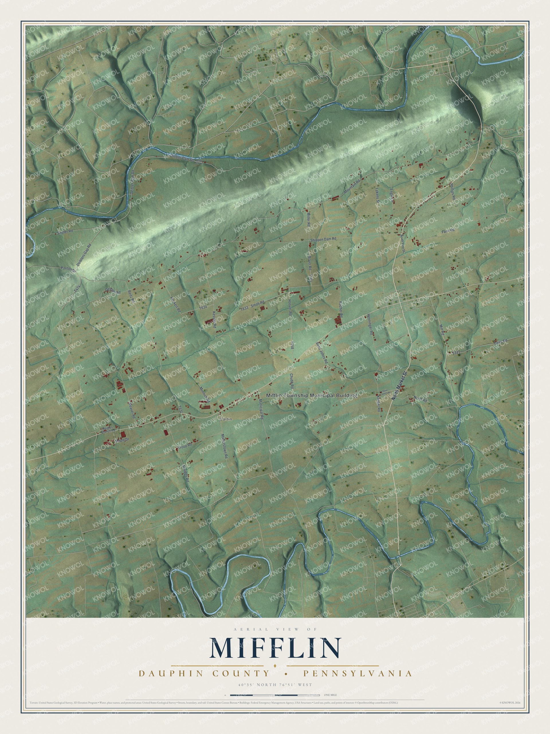 Full map of Mifflin, Dauphin County, Pennsylvania, with red buildings, printed street names and the land around them