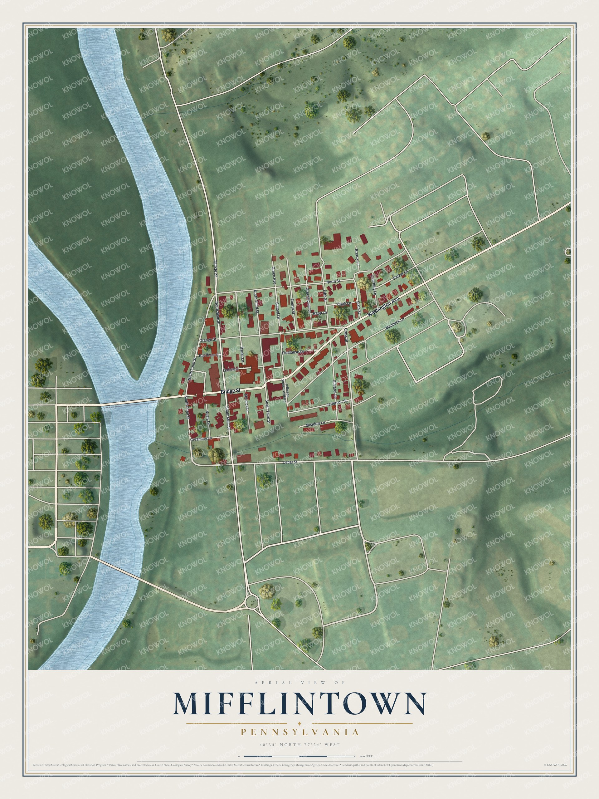 Full map of Mifflintown, Pennsylvania, with red buildings, printed street names and the land around them