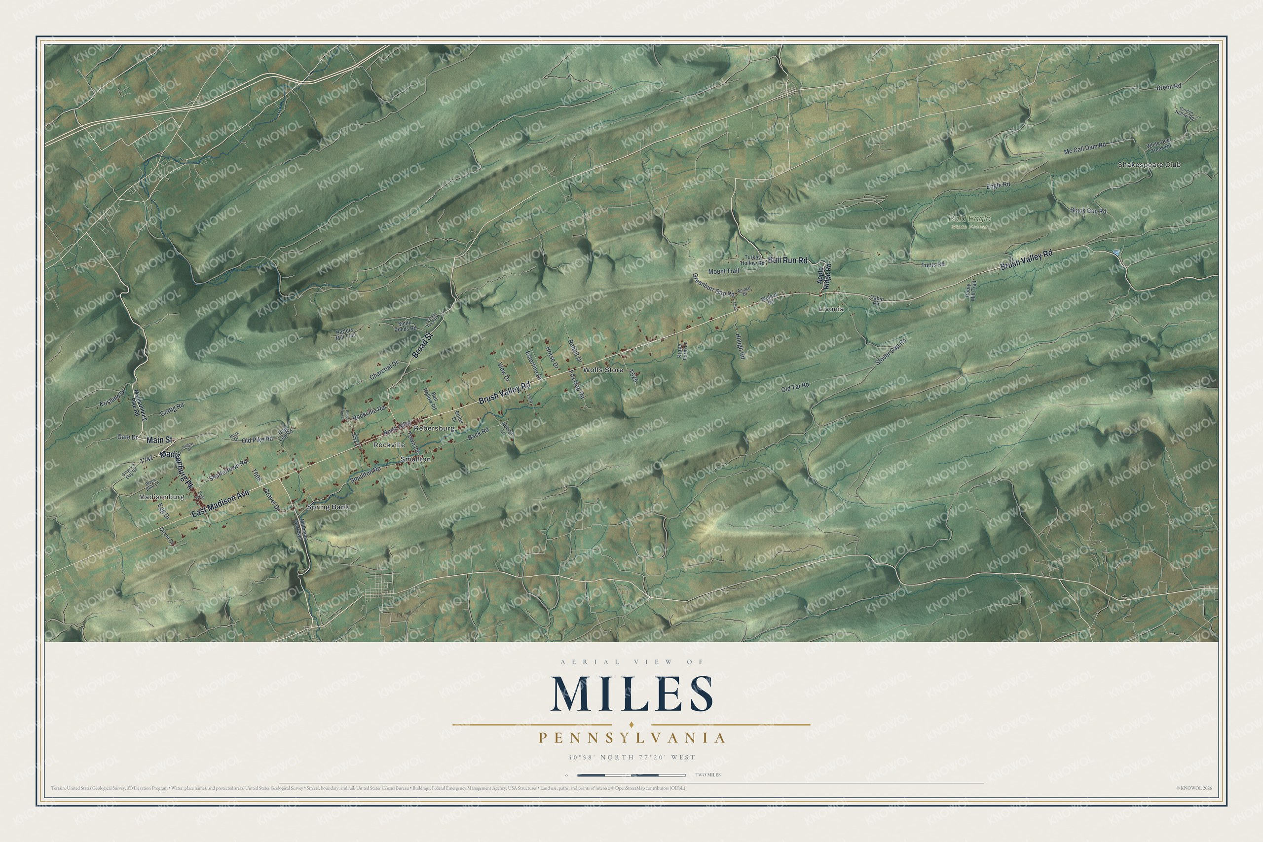 Full map of Miles, Pennsylvania, with red buildings, printed street names and the land around them