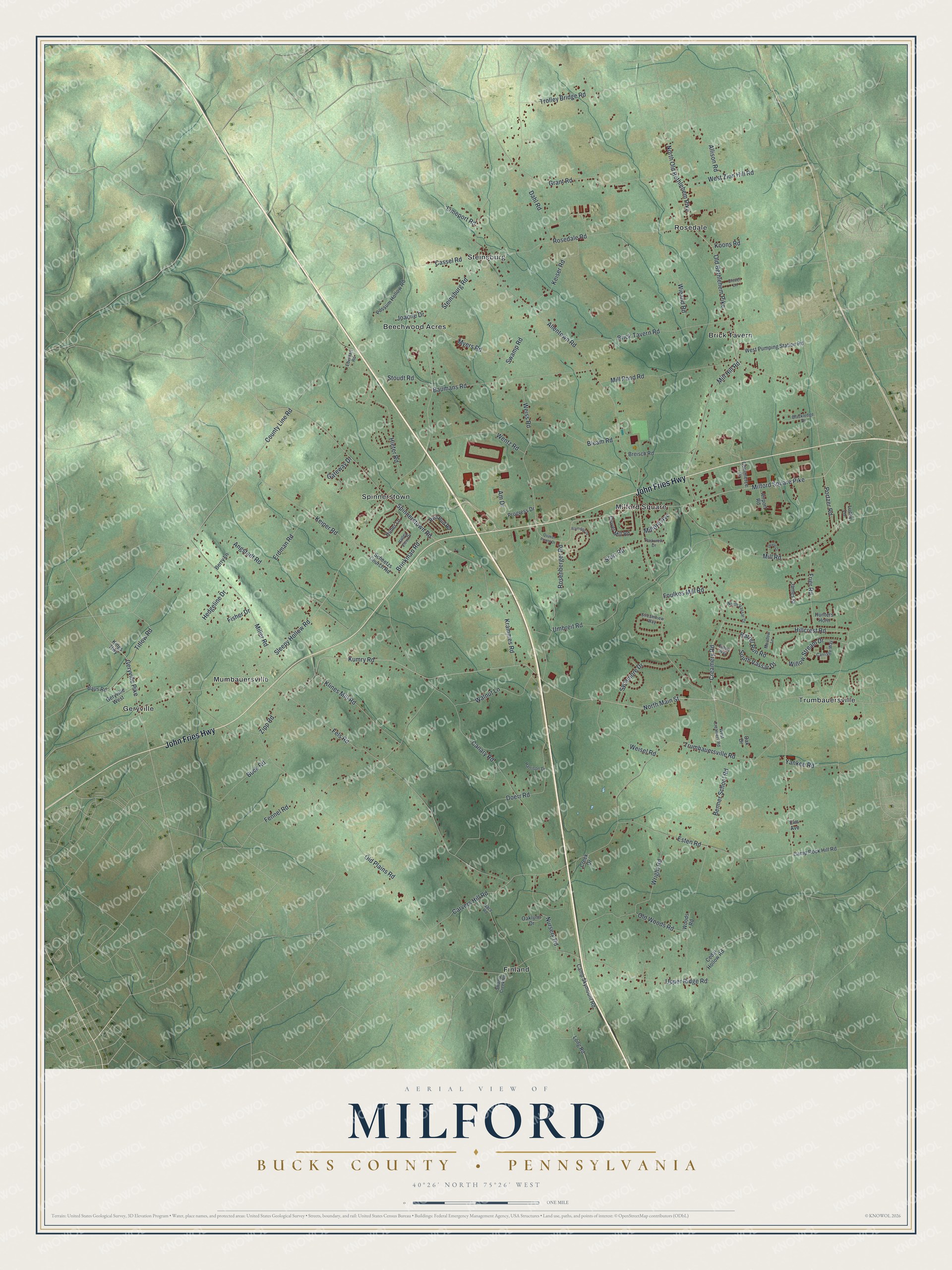 Full map of Milford, Bucks County, Pennsylvania, with red buildings, printed street names and the land around them
