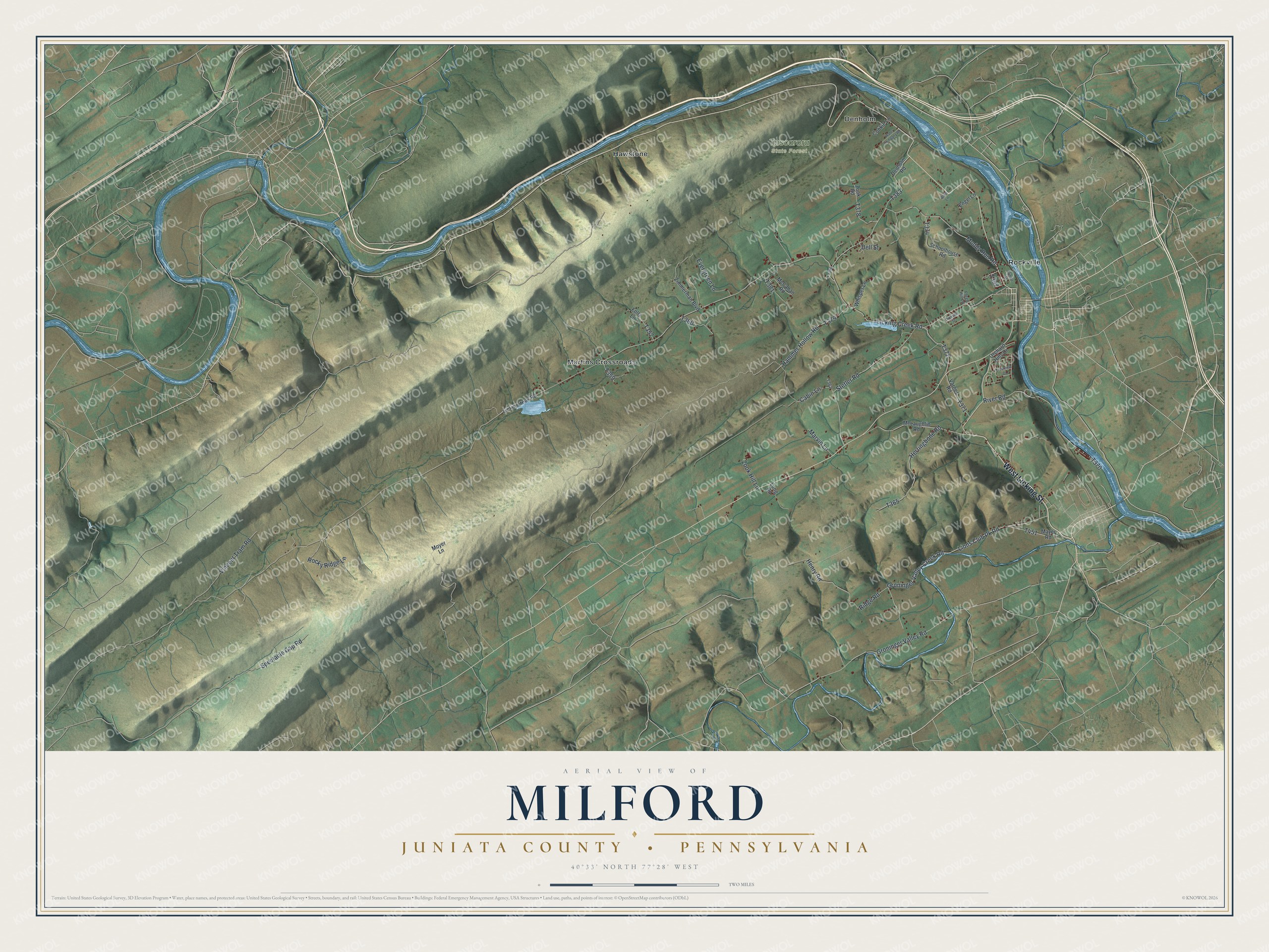 Full map of Milford, Juniata County, Pennsylvania, with red buildings, printed street names and the land around them