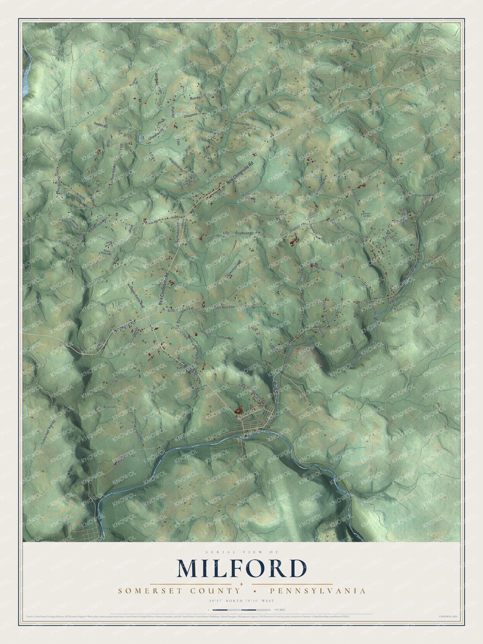 Full map of Milford, Somerset County, Pennsylvania, with red buildings, printed street names and the land around them