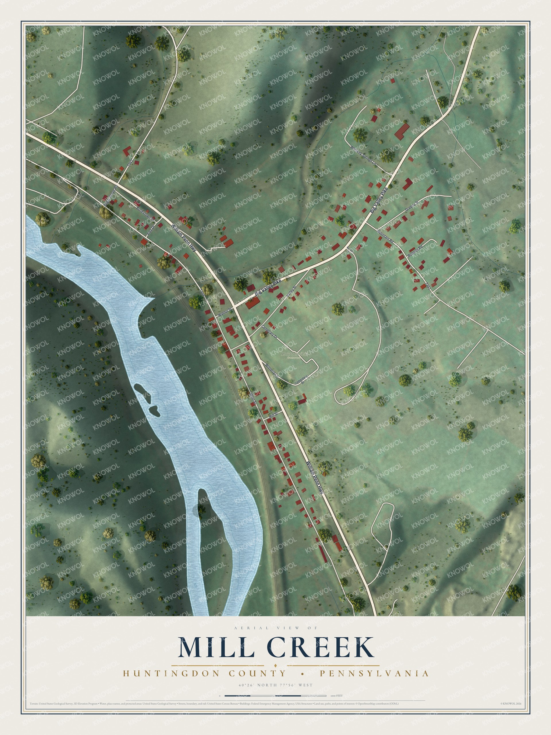 Full map of Mill Creek, Huntingdon County, Pennsylvania, with red buildings, printed street names and the land around them