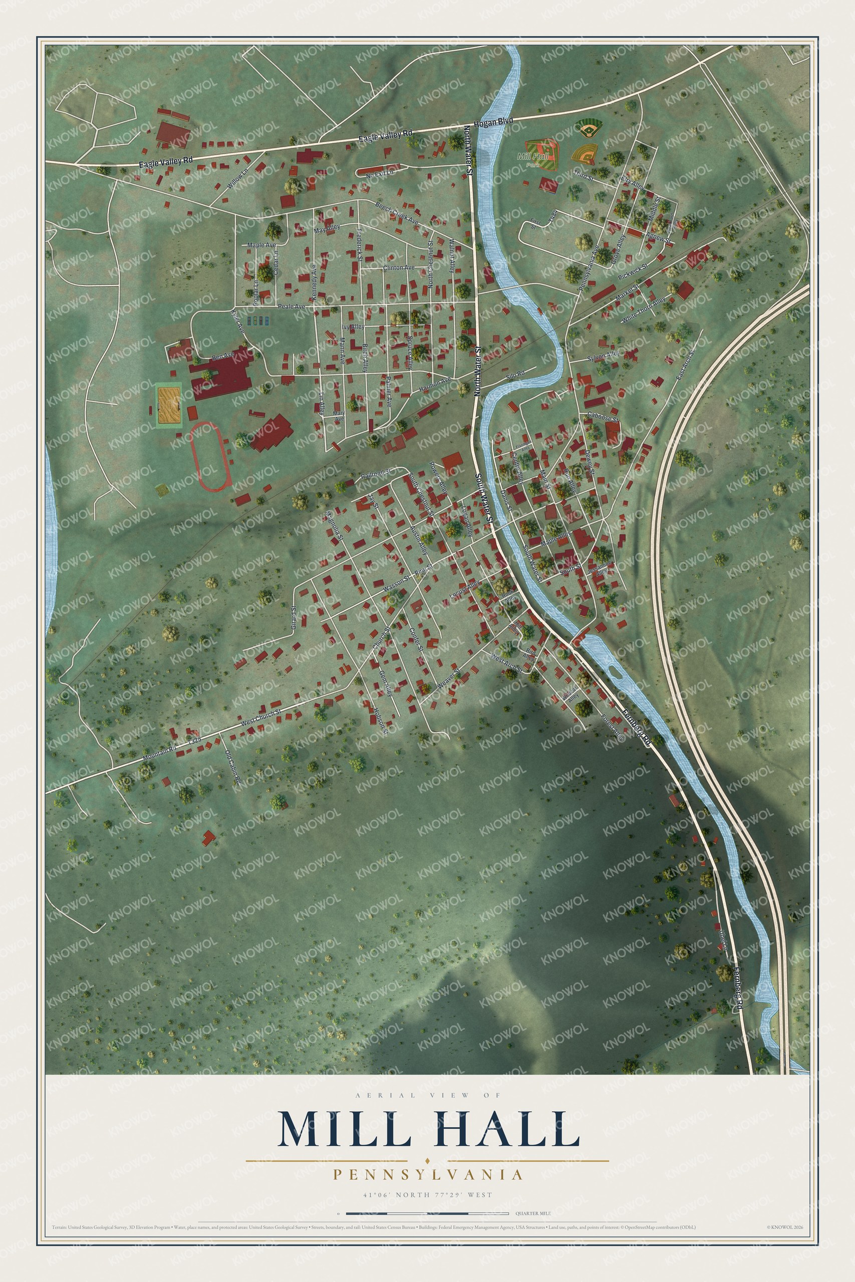 Full map of Mill Hall, Pennsylvania, with red buildings, printed street names and the land around them