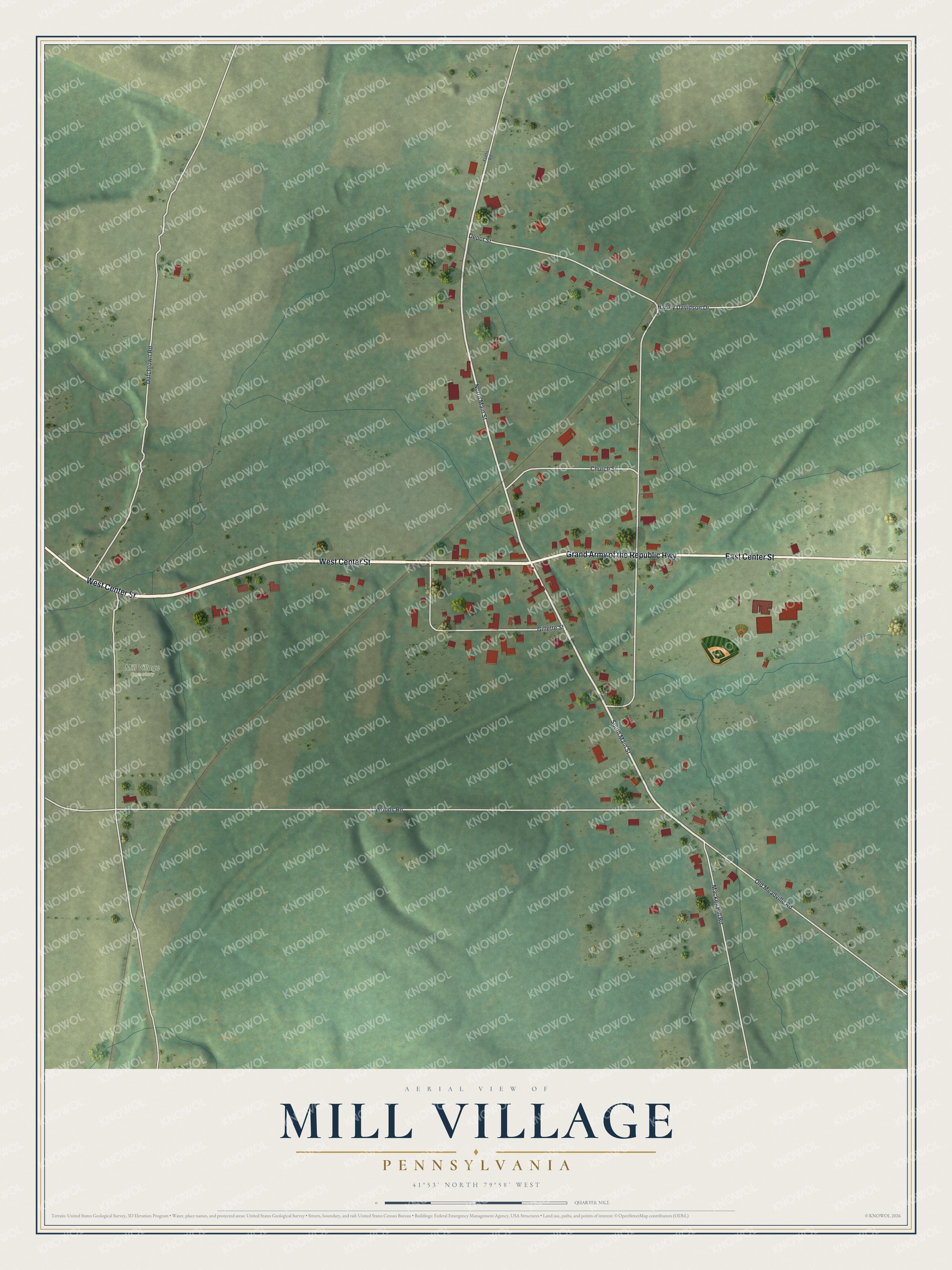 Full map of Mill Village, Pennsylvania, with red buildings, printed street names and the land around them