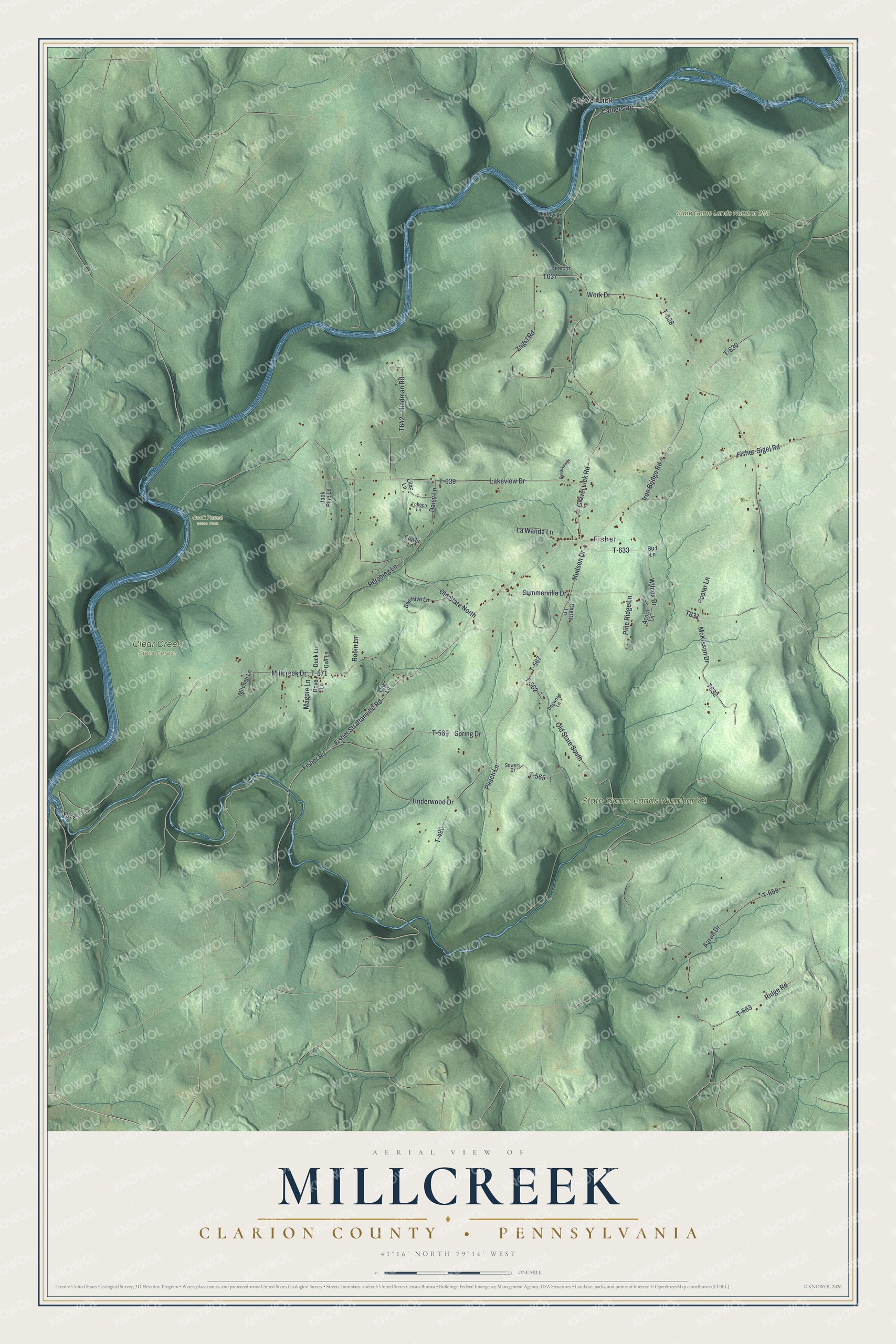 Full map of Millcreek, Clarion County, Pennsylvania, with red buildings, printed street names and the land around them