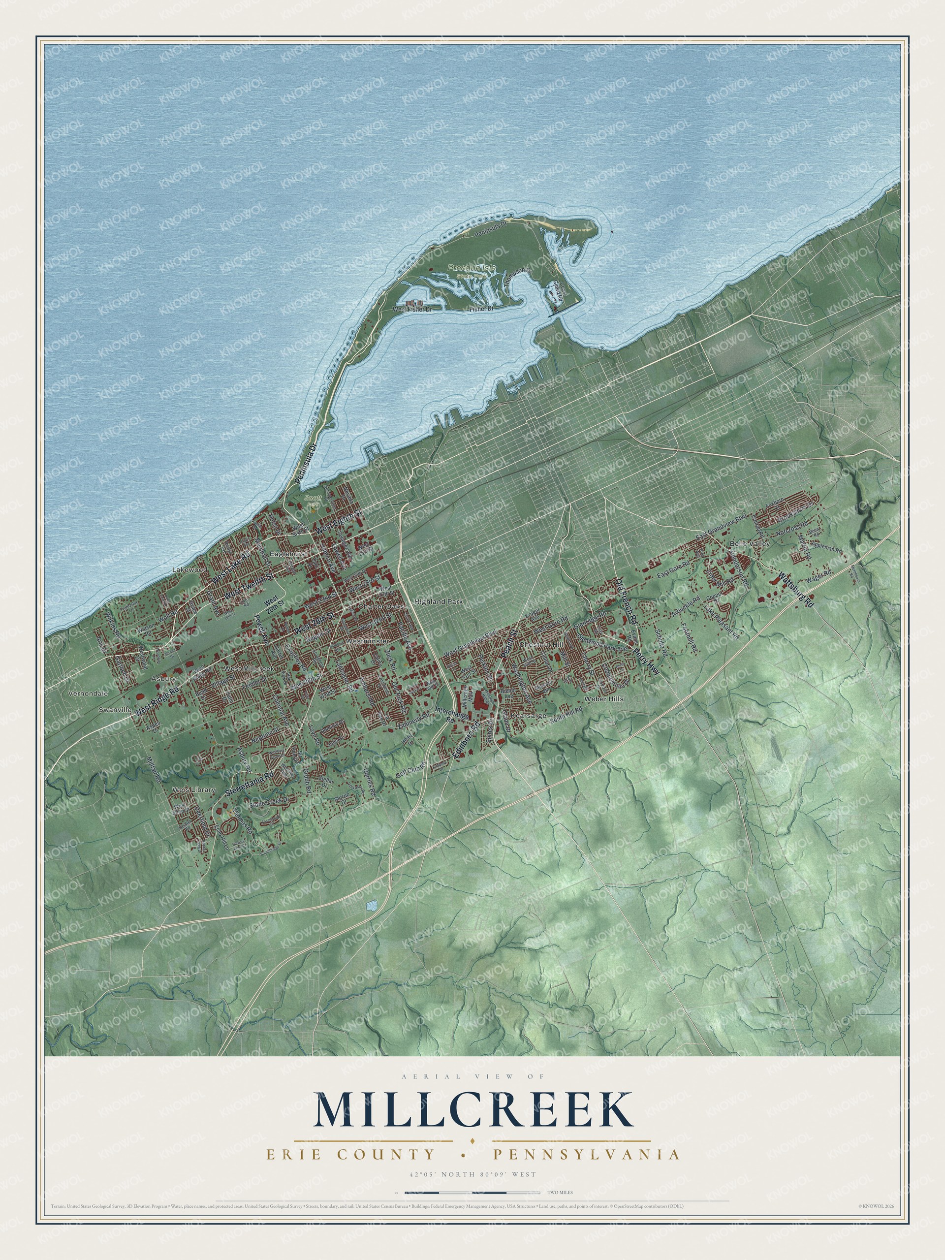 Full map of Millcreek, Erie County, Pennsylvania, with red buildings, printed street names and the land around them