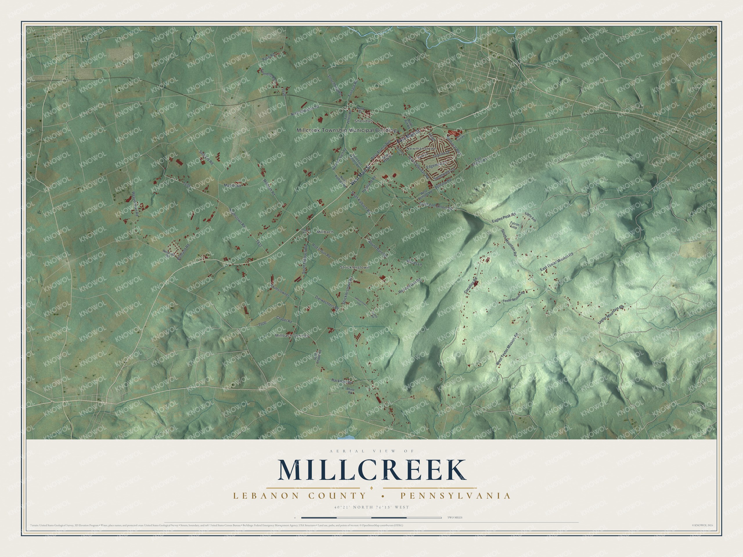 Full map of Millcreek, Lebanon County, Pennsylvania, with red buildings, printed street names and the land around them