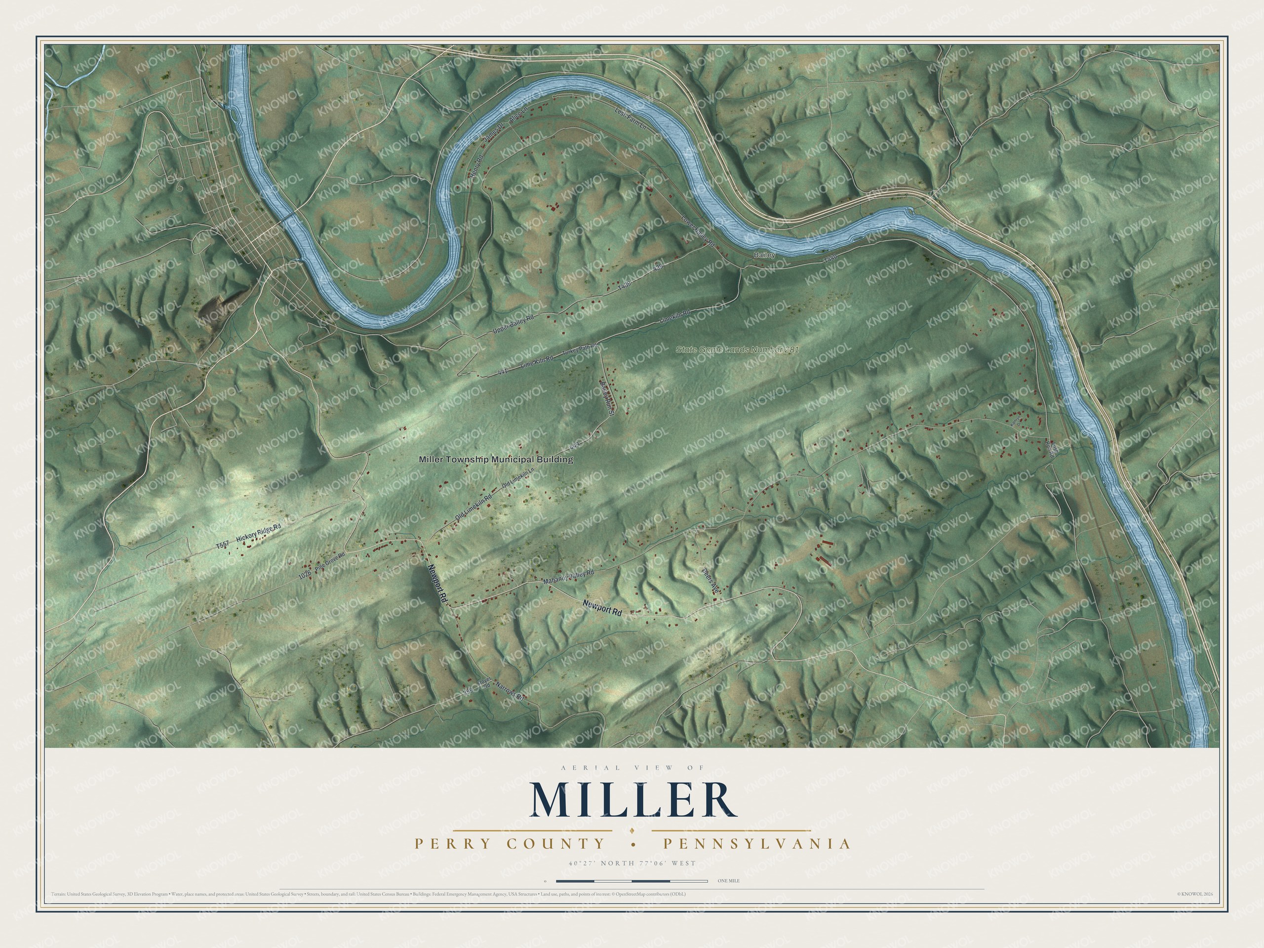 Full map of Miller, Perry County, Pennsylvania, with red buildings, printed street names and the land around them