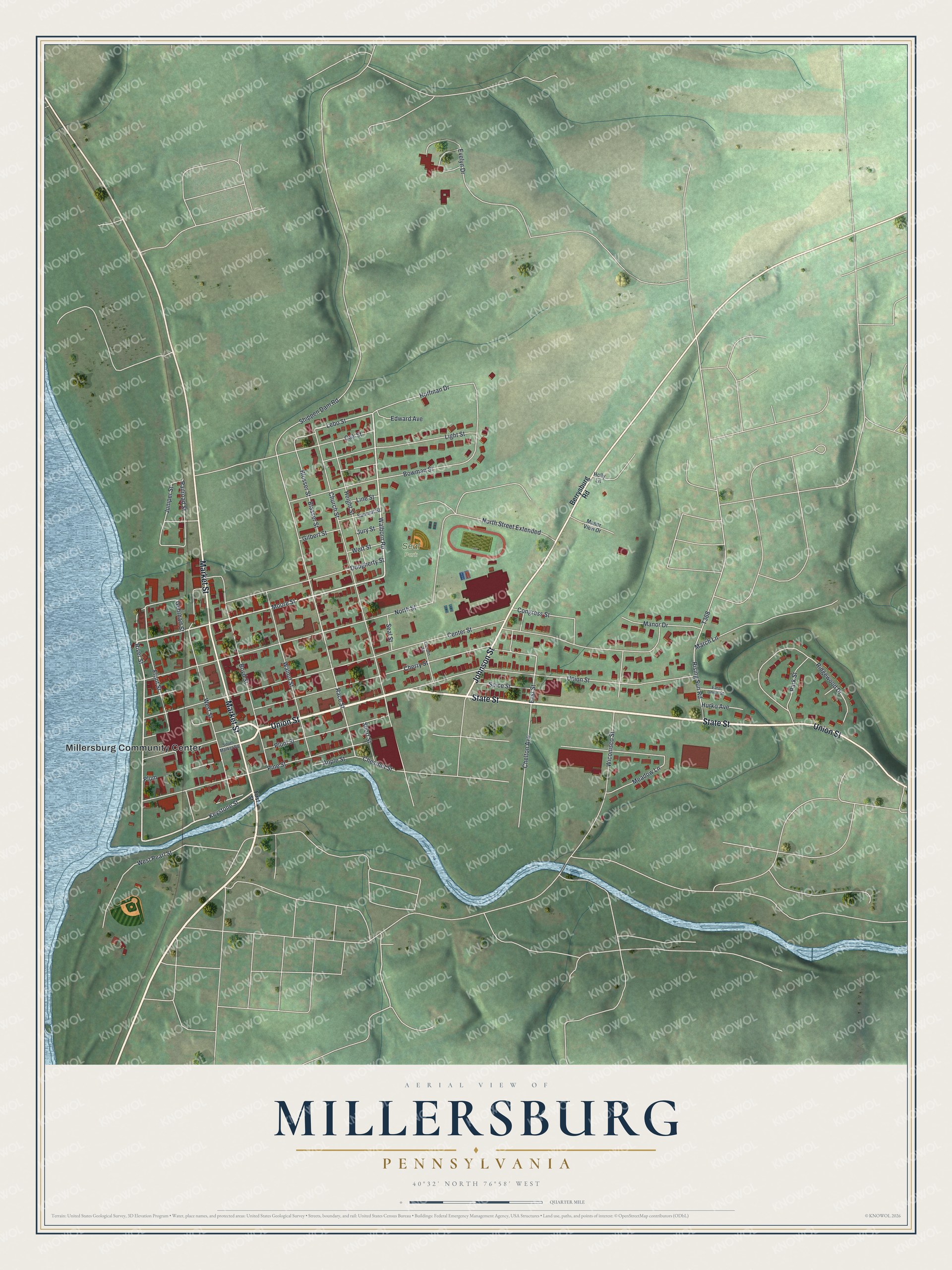 Full map of Millersburg, Pennsylvania, with red buildings, printed street names and the land around them
