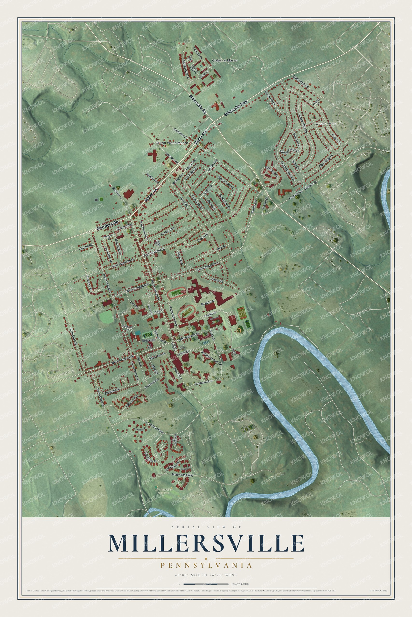 Full map of Millersville, Pennsylvania, with red buildings, printed street names and the land around them