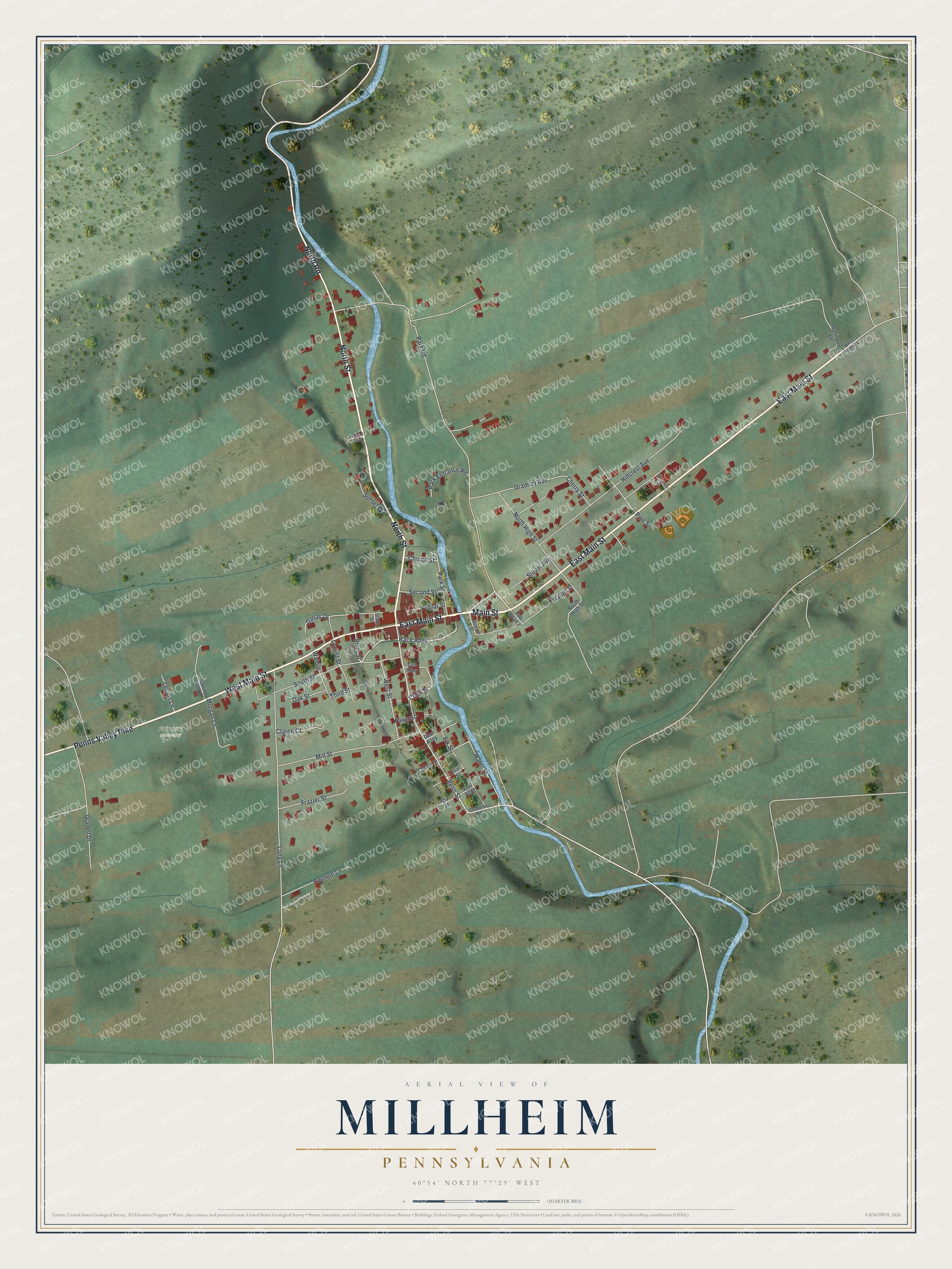 Full map of Millheim, Pennsylvania, with red buildings, printed street names and the land around them