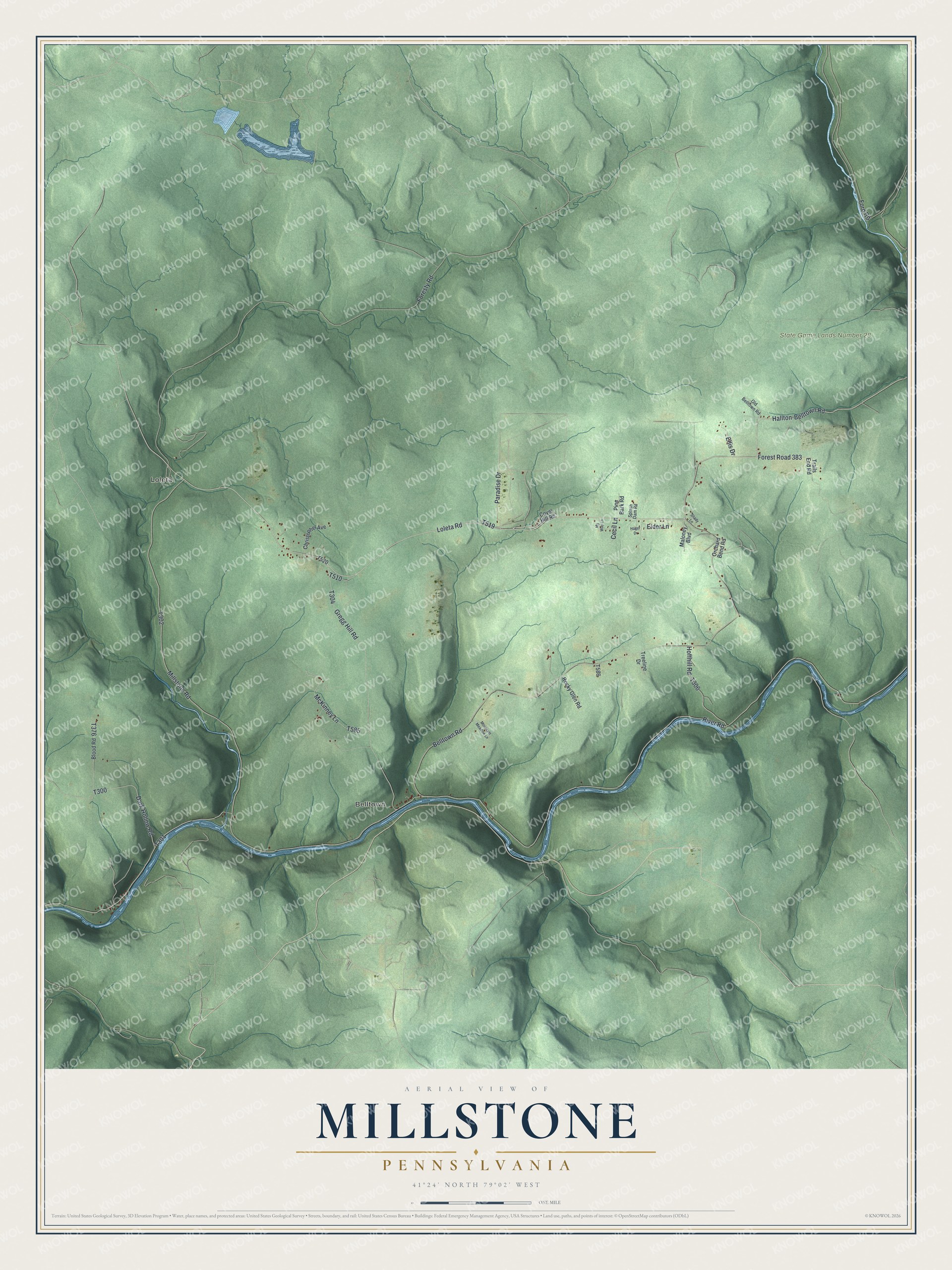 Full map of Millstone, Pennsylvania, with red buildings, printed street names and the land around them