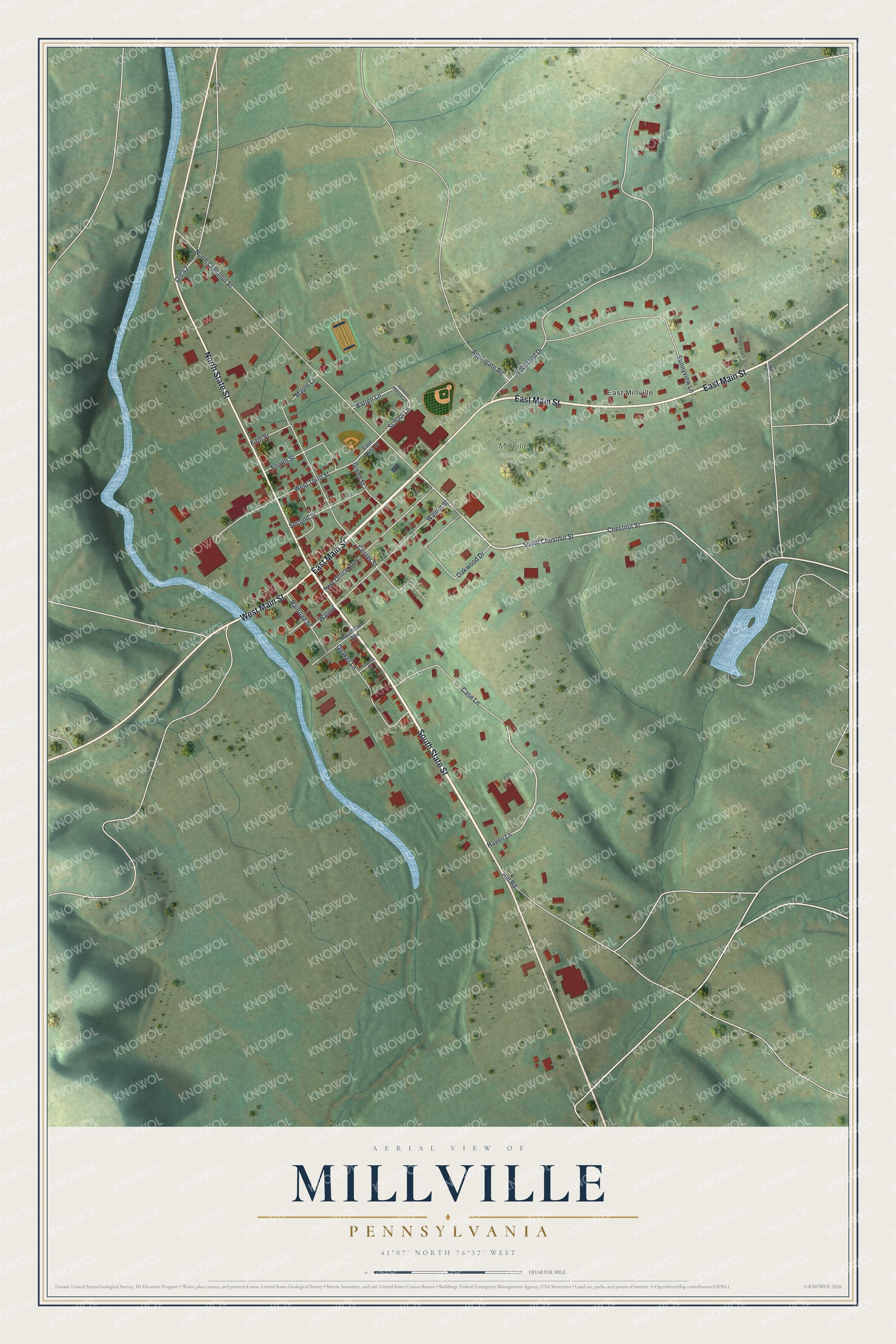 Full map of Millville, Pennsylvania, with red buildings, printed street names and the land around them