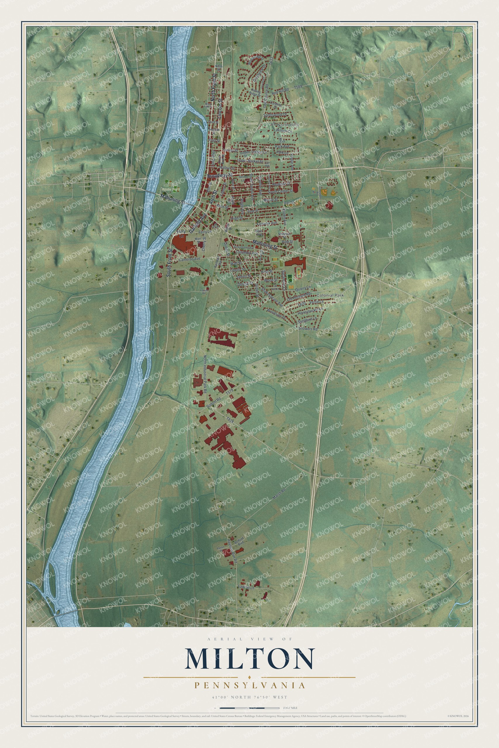 Full map of Milton, Pennsylvania, with red buildings, printed street names and the land around them