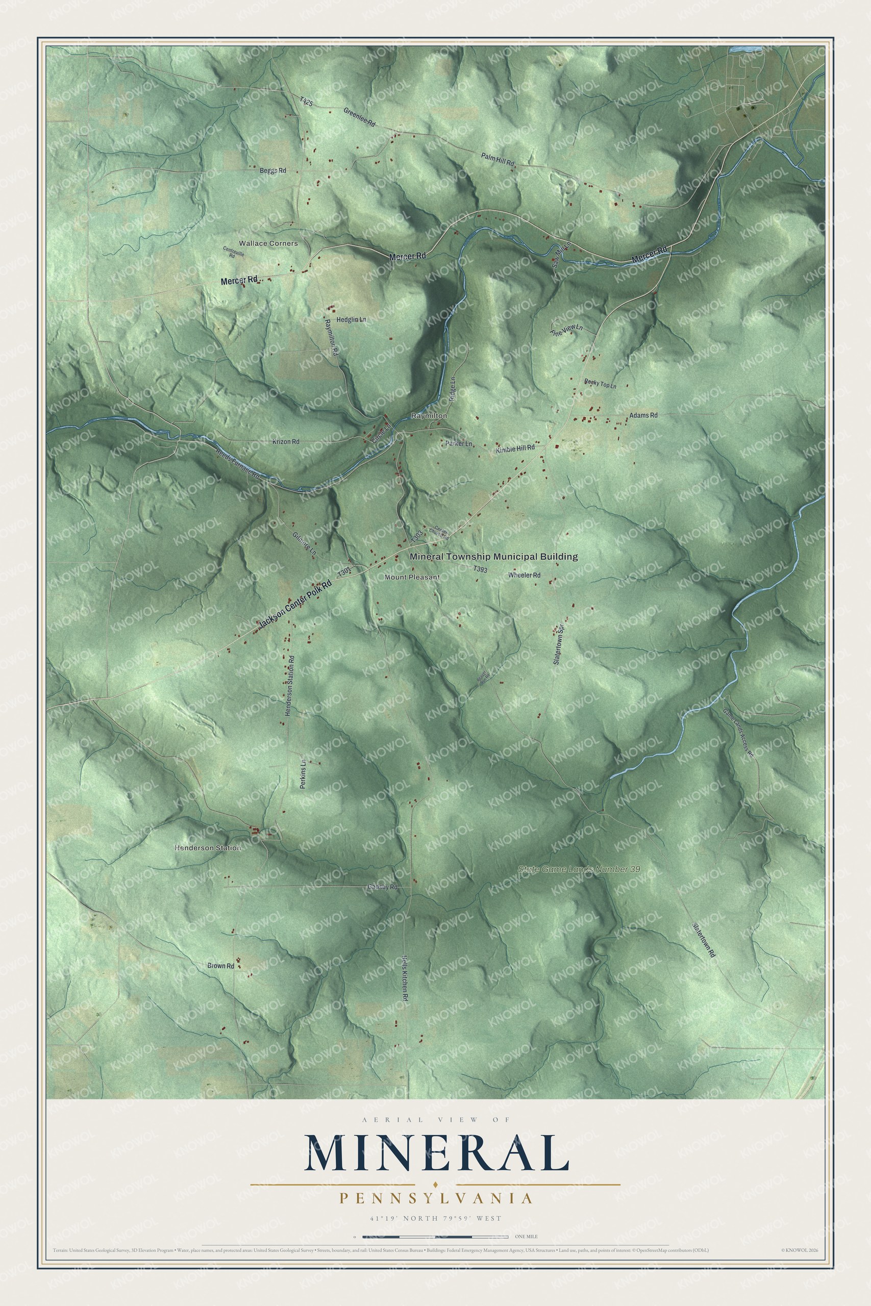 Full map of Mineral, Pennsylvania, with red buildings, printed street names and the land around them