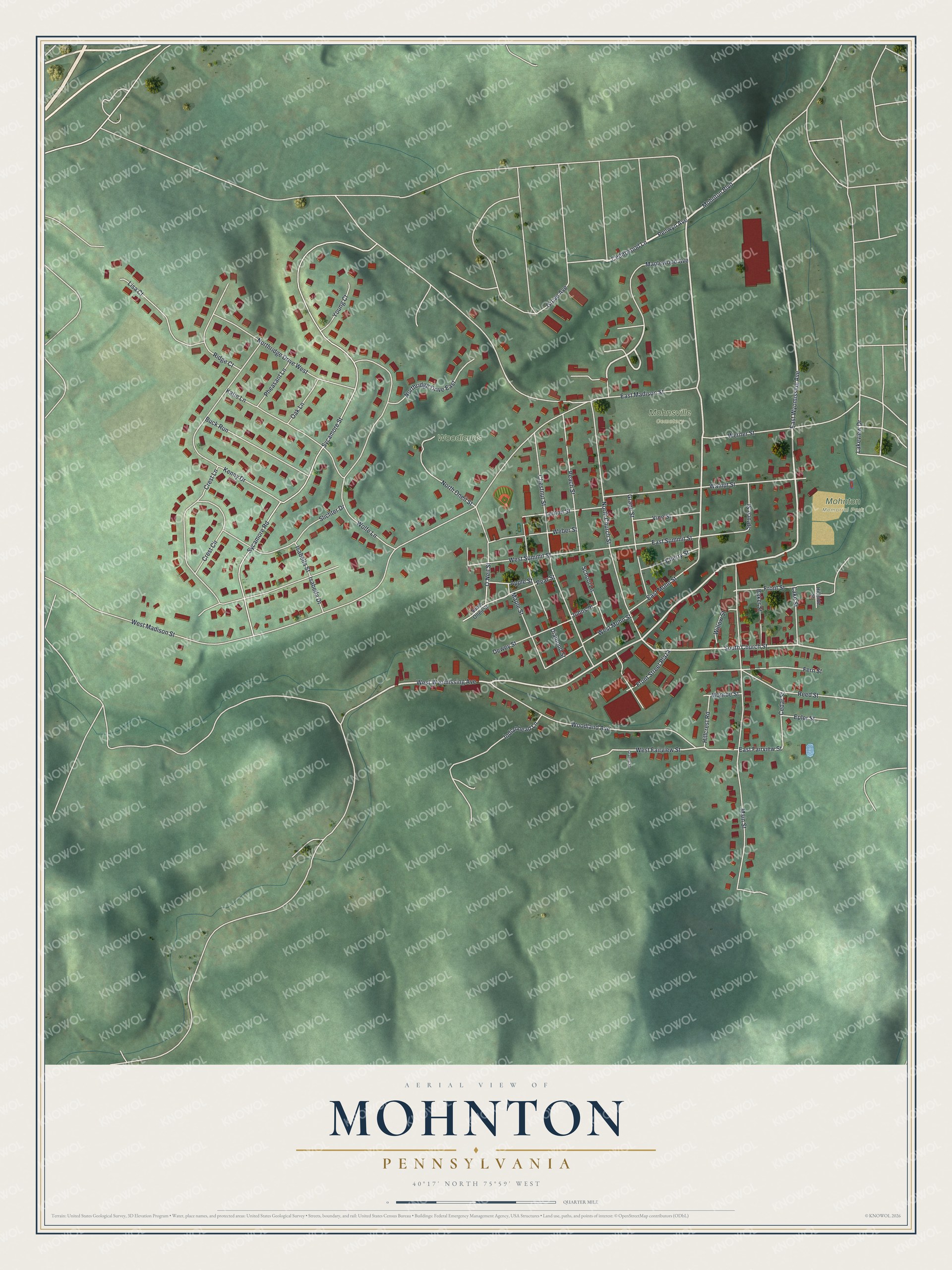 Full map of Mohnton, Pennsylvania, with red buildings, printed street names and the land around them
