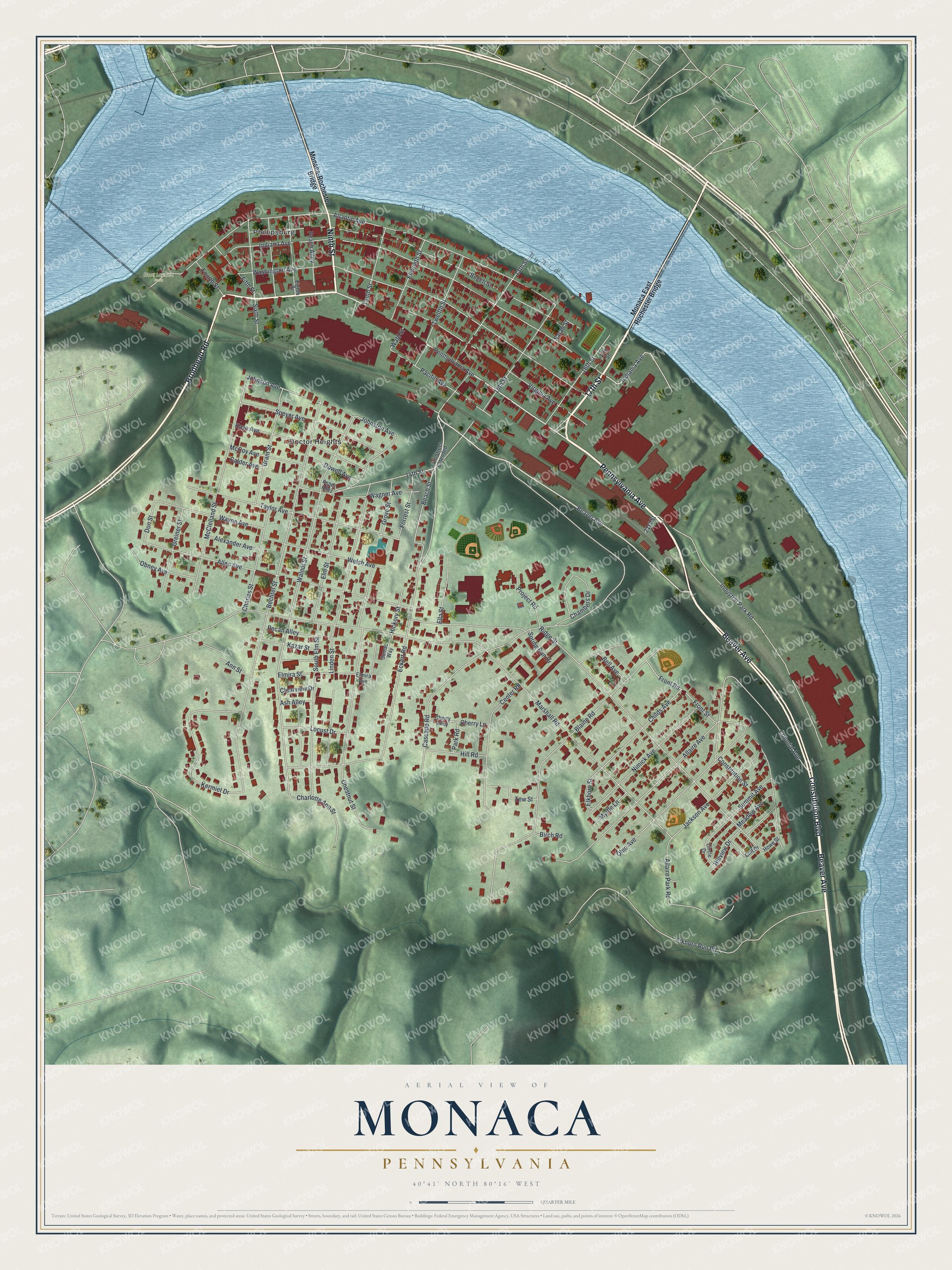 Full map of Monaca, Pennsylvania, with red buildings, printed street names and the land around them