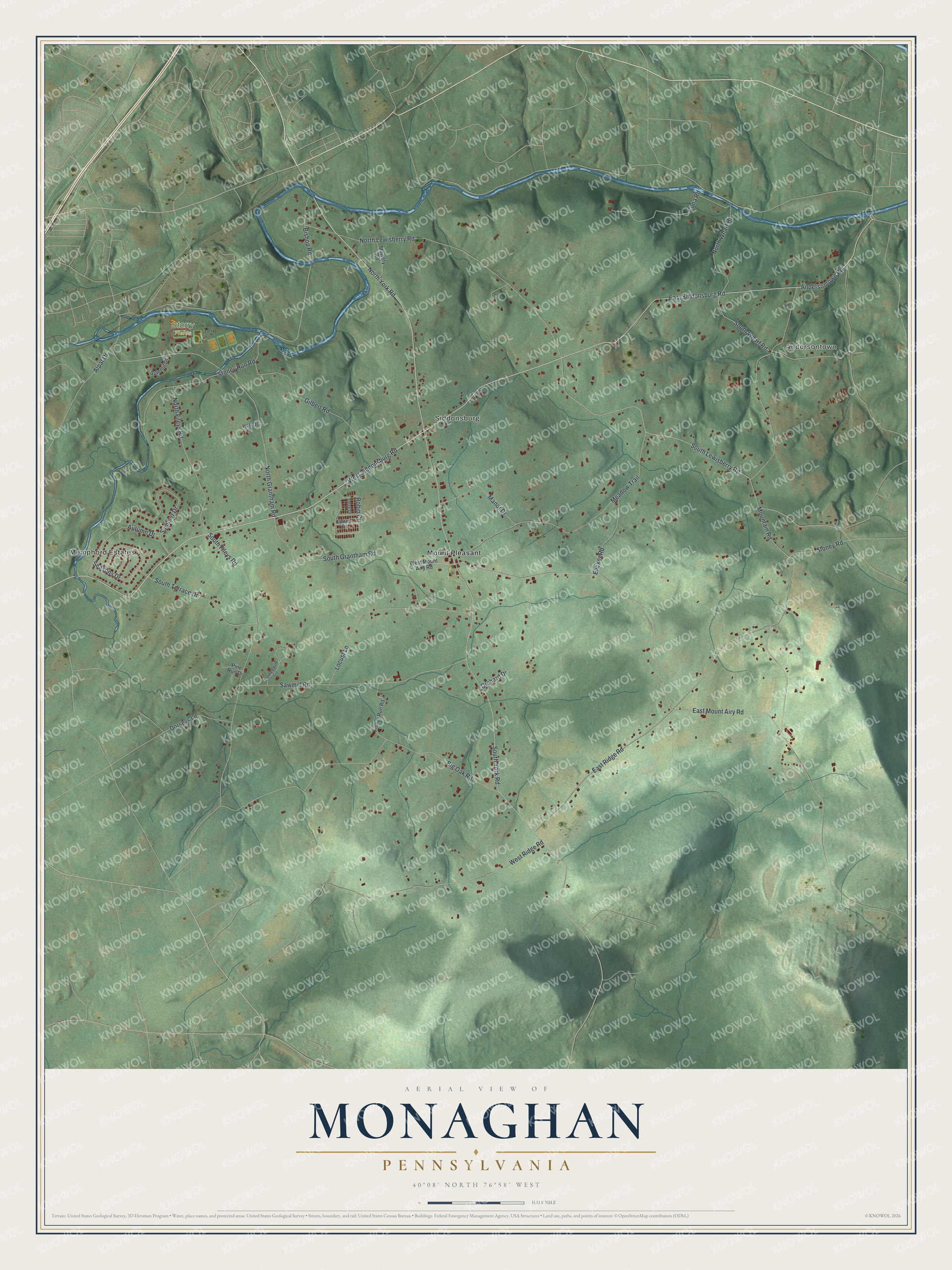 Full map of Monaghan, Pennsylvania, with red buildings, printed street names and the land around them