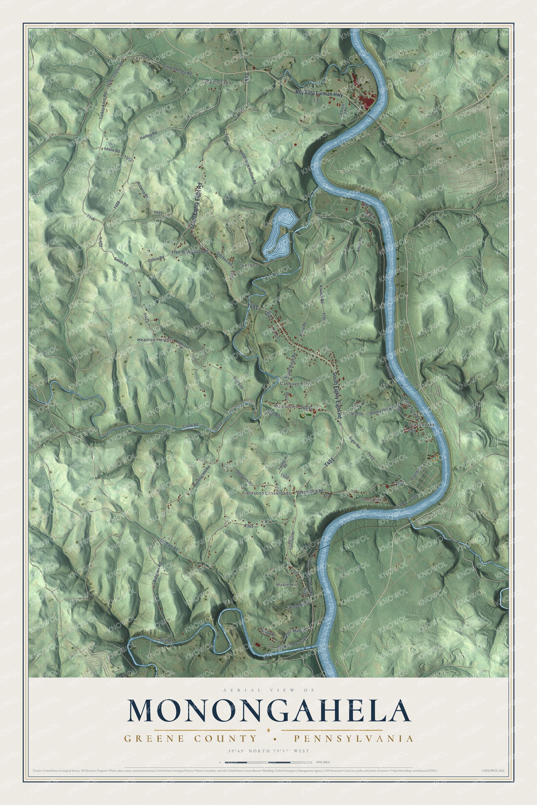 Full map of Monongahela, Greene County, Pennsylvania, with red buildings, printed street names and the land around them