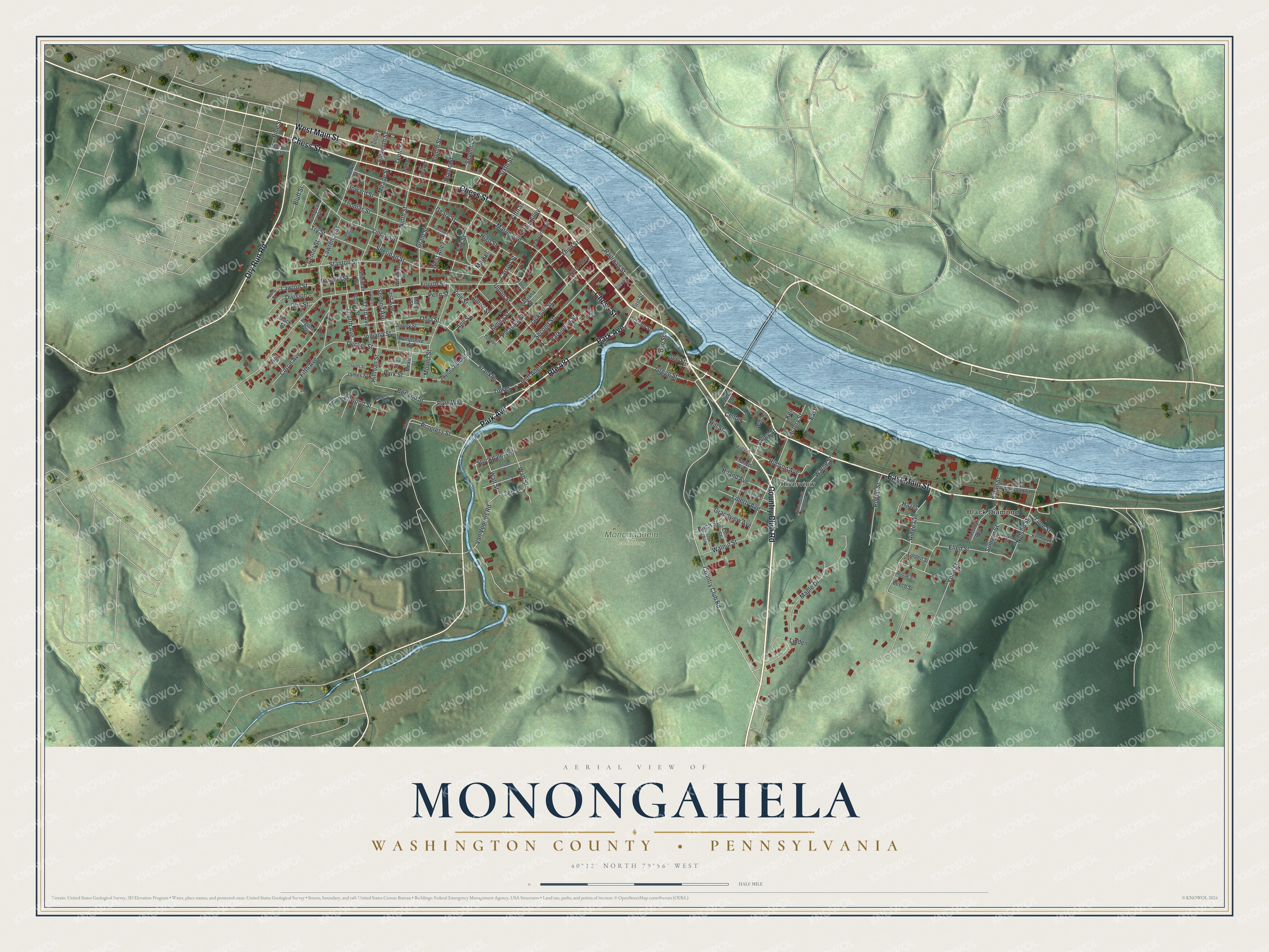 Full map of Monongahela, Washington County, Pennsylvania, with red buildings, printed street names and the land around them