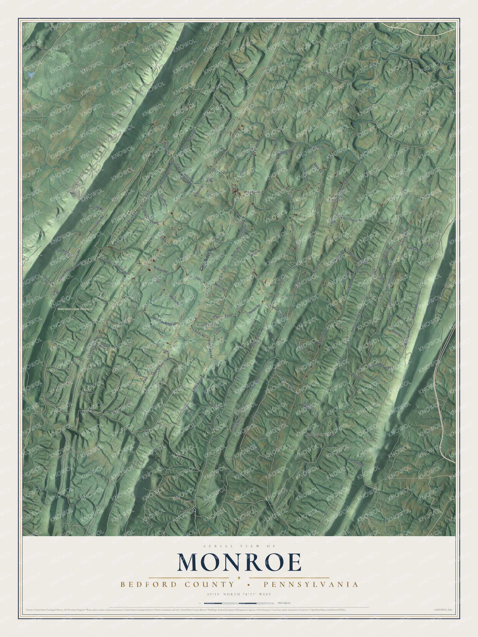 Full map of Monroe, Bedford County, Pennsylvania, with red buildings, printed street names and the land around them