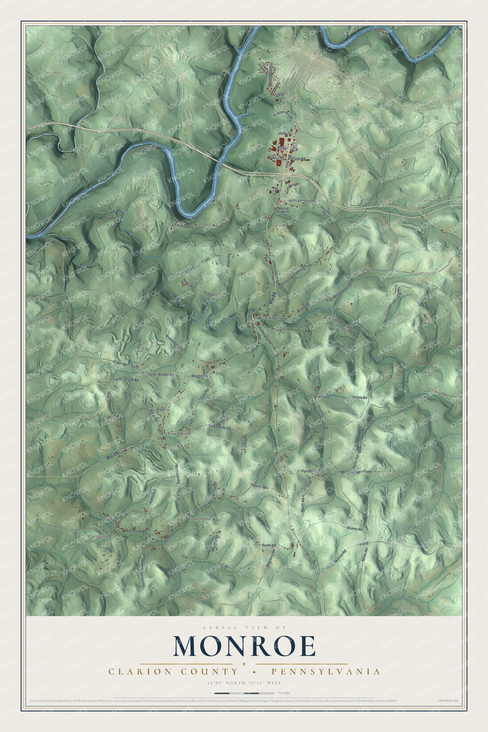 Full map of Monroe, Clarion County, Pennsylvania, with red buildings, printed street names and the land around them