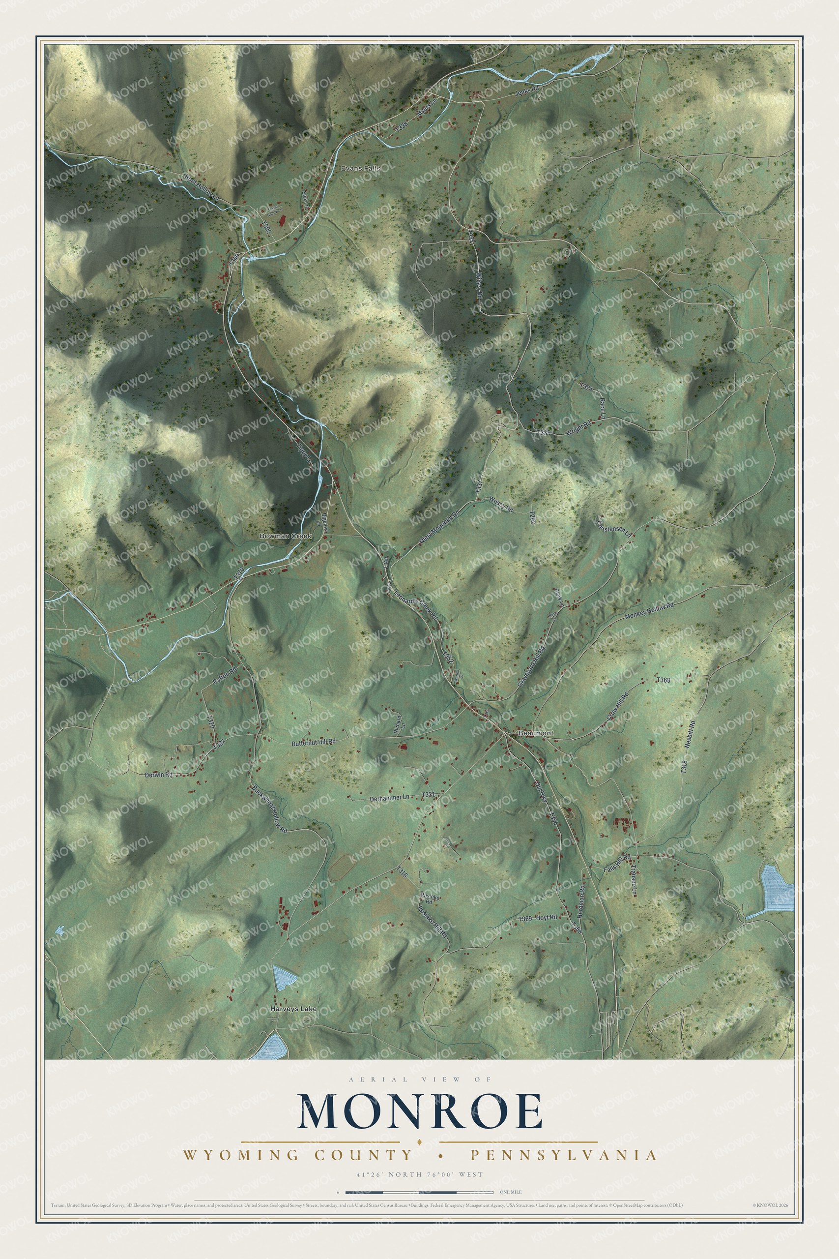 Full map of Monroe, Wyoming County, Pennsylvania, with red buildings, printed street names and the land around them