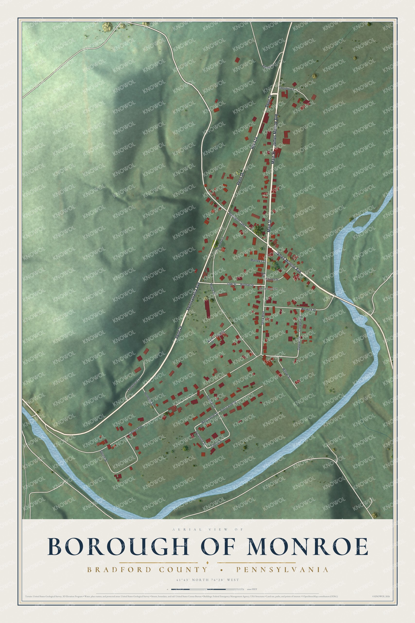 Full map of Monroe Borough, Bradford County, Pennsylvania, with red buildings, printed street names and the land around them