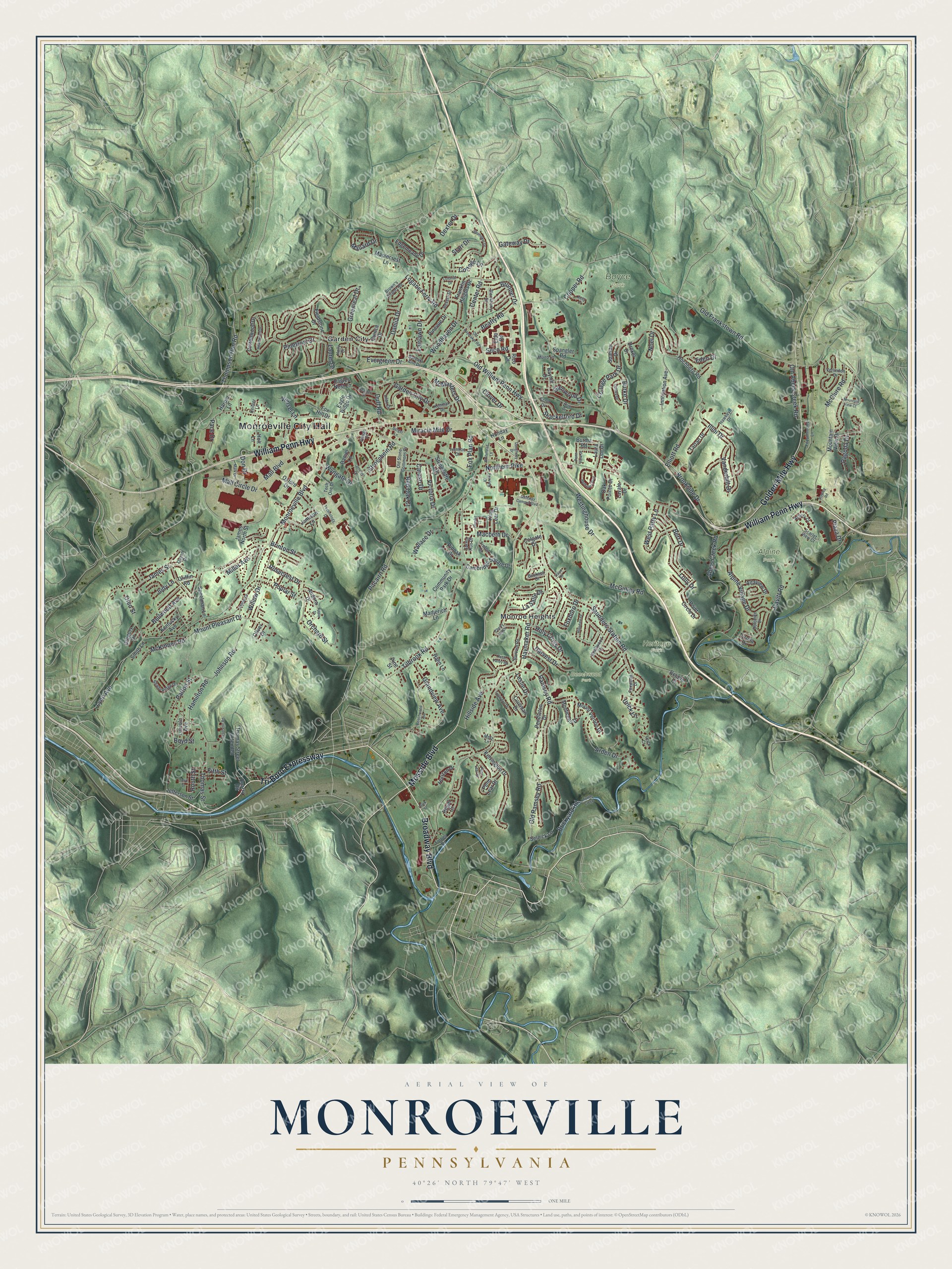 Full map of Monroeville municipality, Pennsylvania, with red buildings, printed street names and the land around them