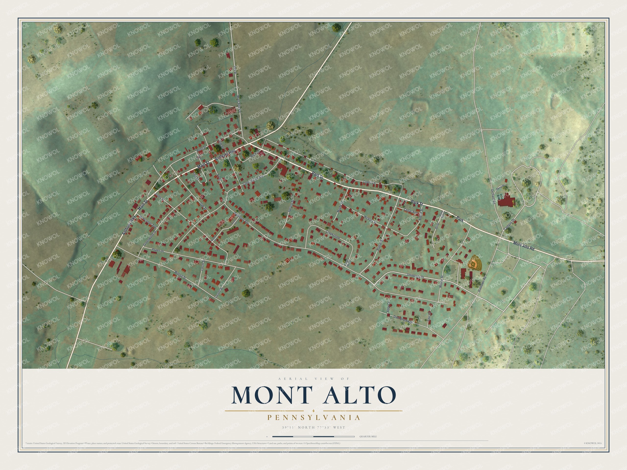 Full map of Mont Alto, Pennsylvania, with red buildings, printed street names and the land around them