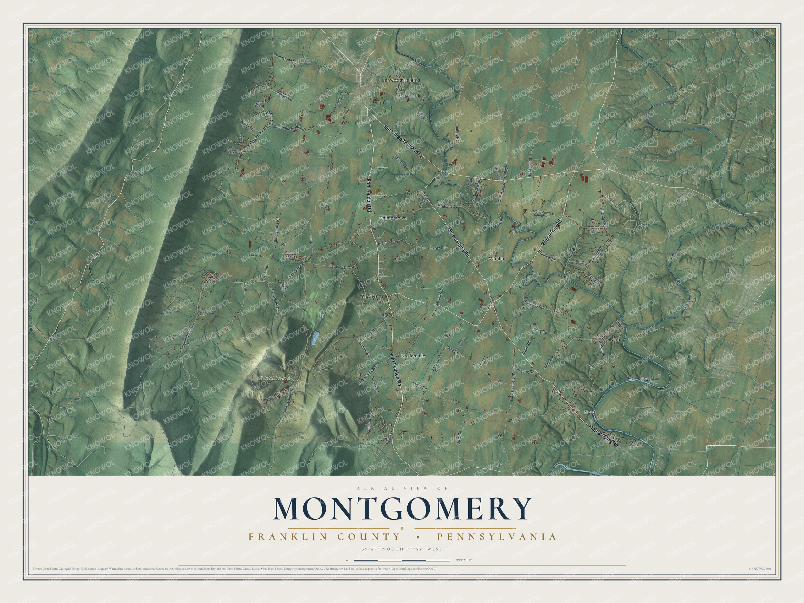 Full map of Montgomery, Franklin County, Pennsylvania, with red buildings, printed street names and the land around them