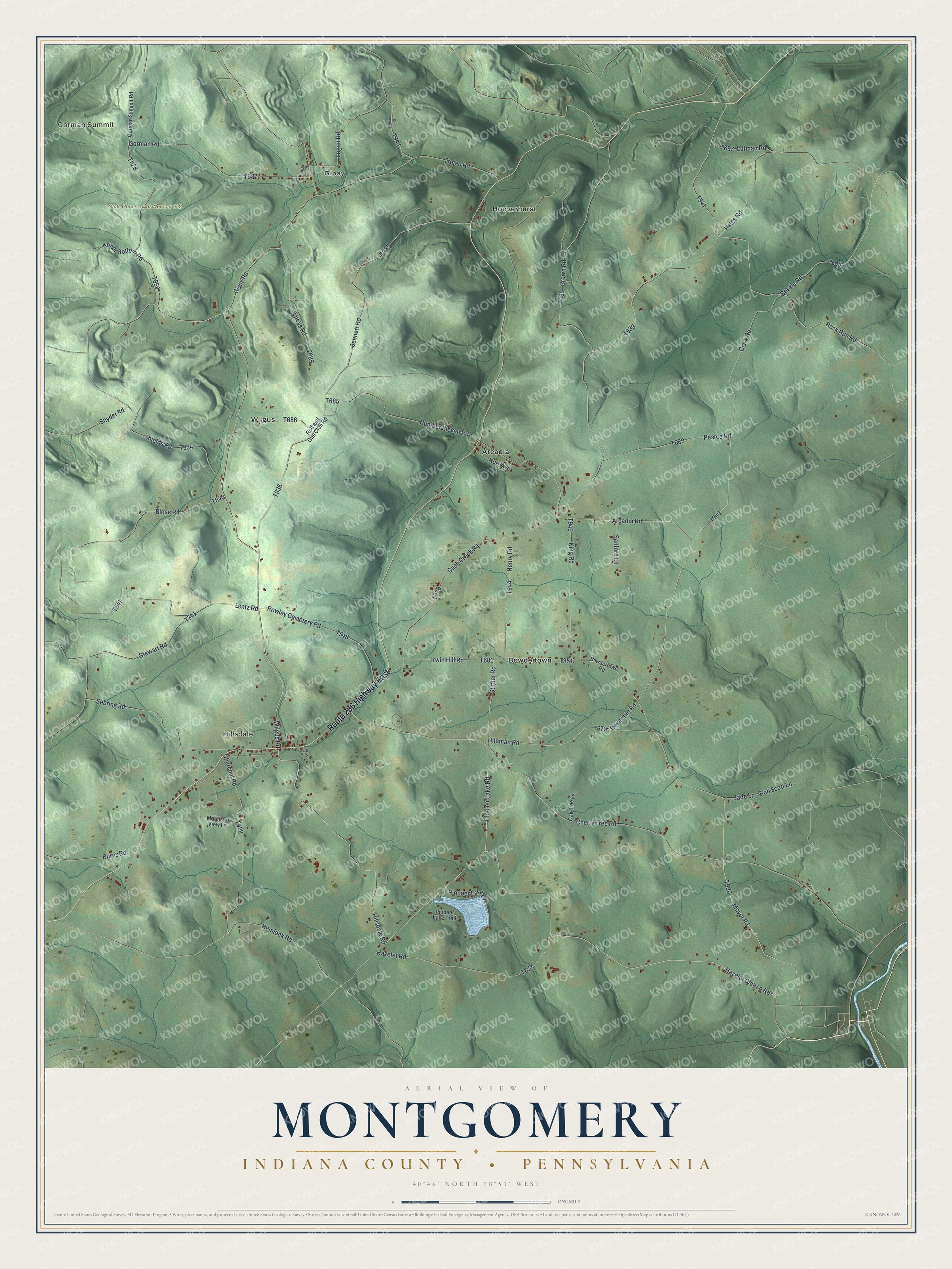 Full map of Montgomery, Indiana County, Pennsylvania, with red buildings, printed street names and the land around them