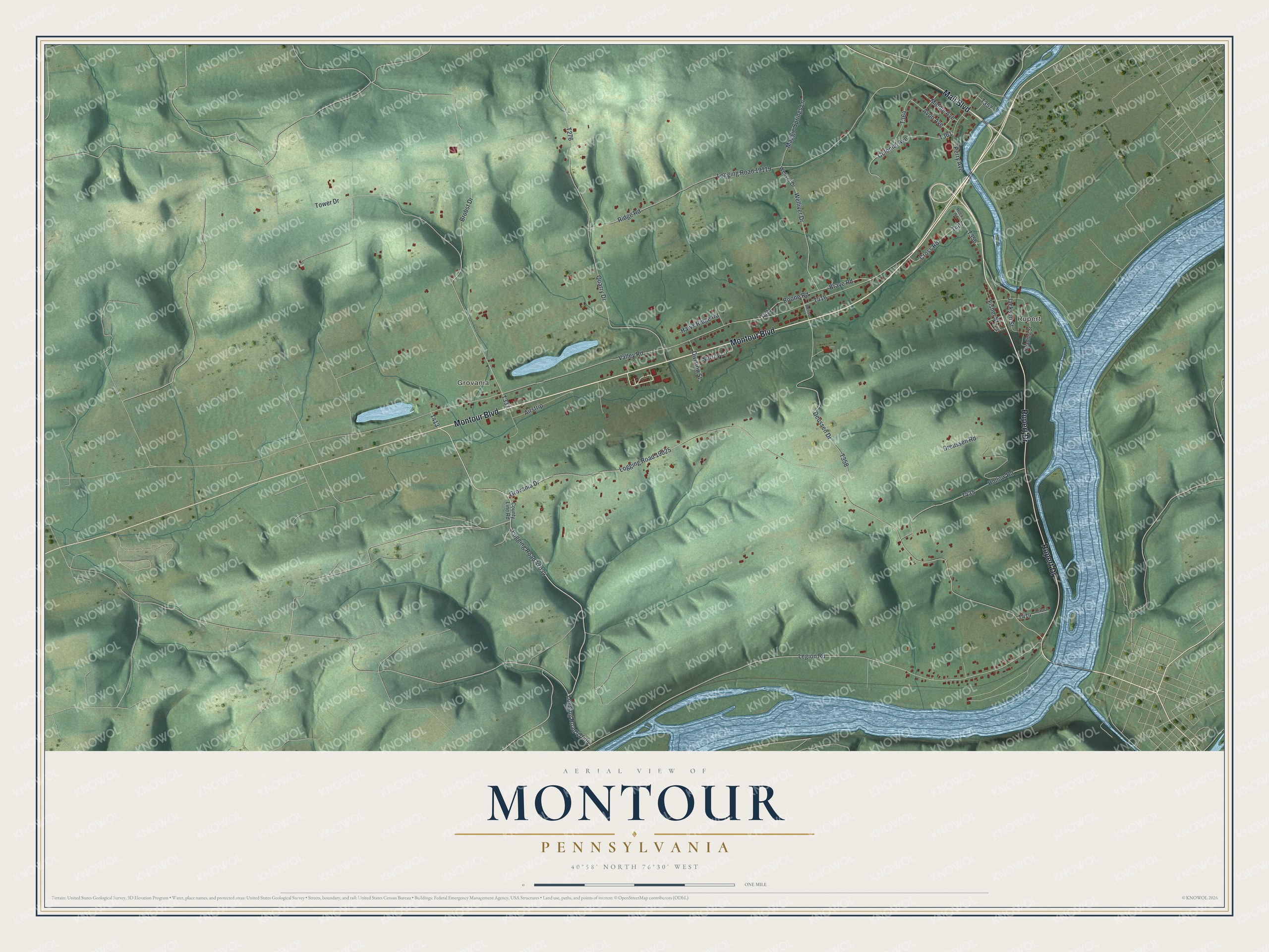 Full map of Montour, Pennsylvania, with red buildings, printed street names and the land around them