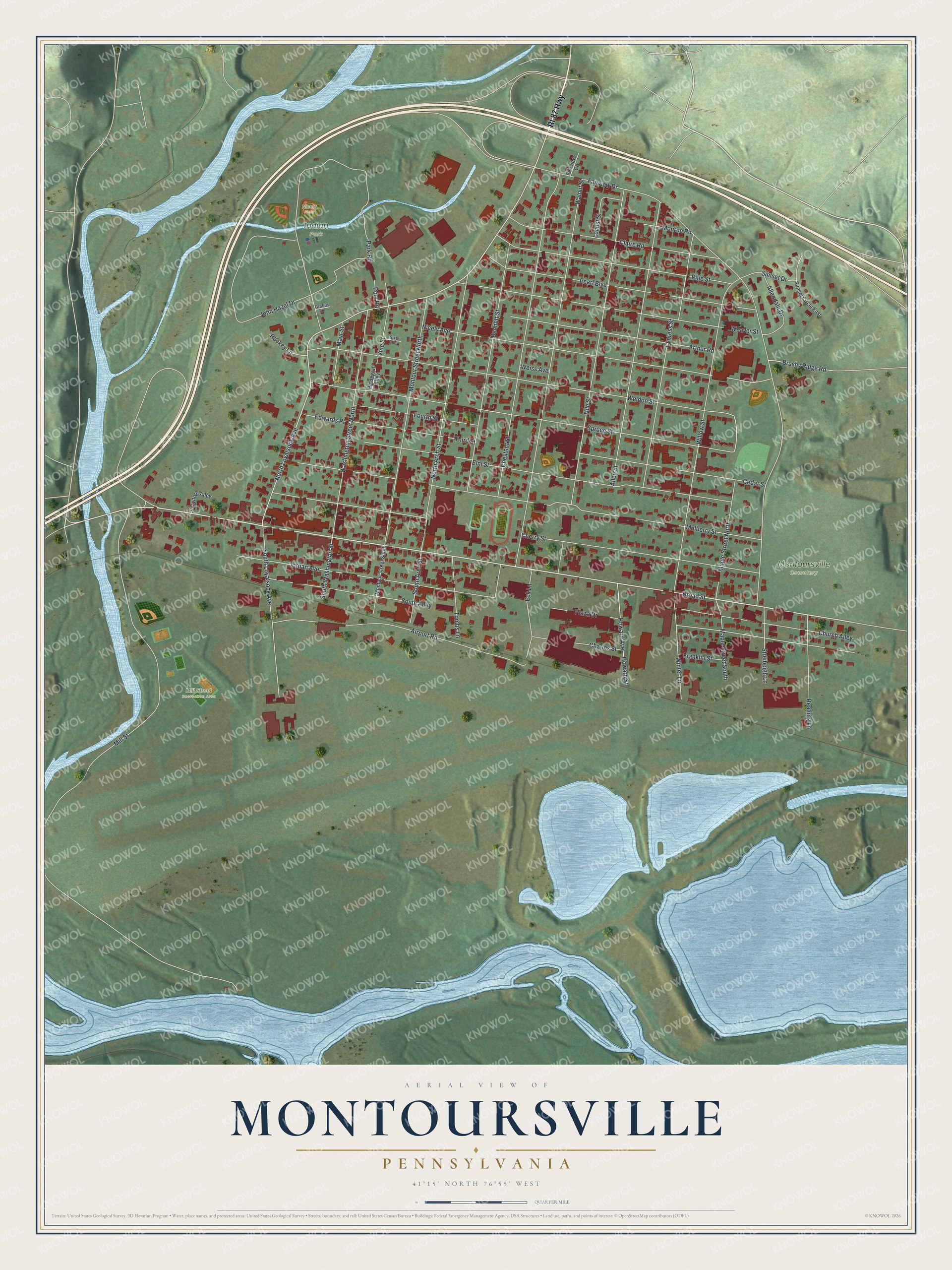 Full map of Montoursville, Pennsylvania, with red buildings, printed street names and the land around them