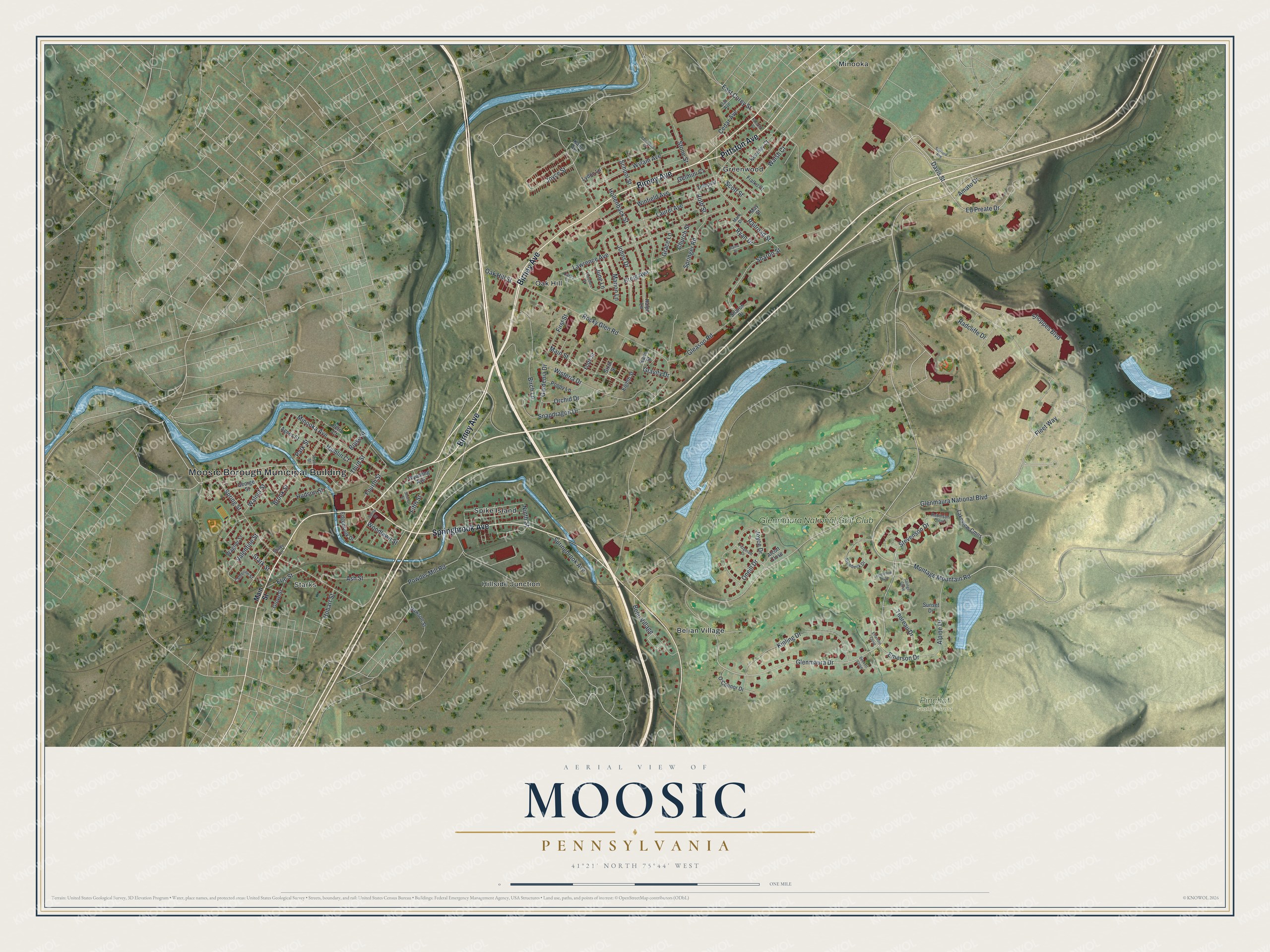 Full map of Moosic, Pennsylvania, with red buildings, printed street names and the land around them