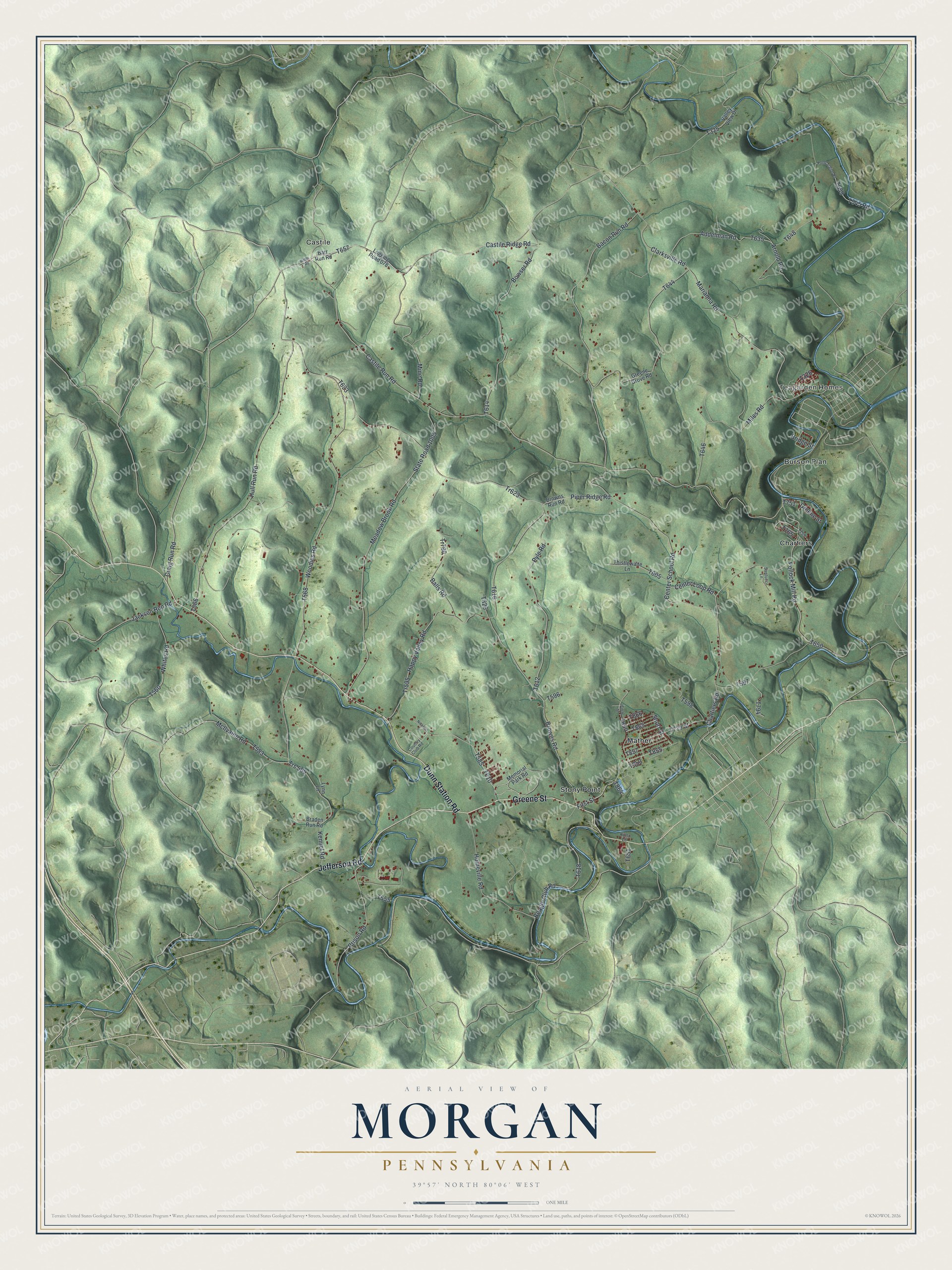 Full map of Morgan, Pennsylvania, with red buildings, printed street names and the land around them