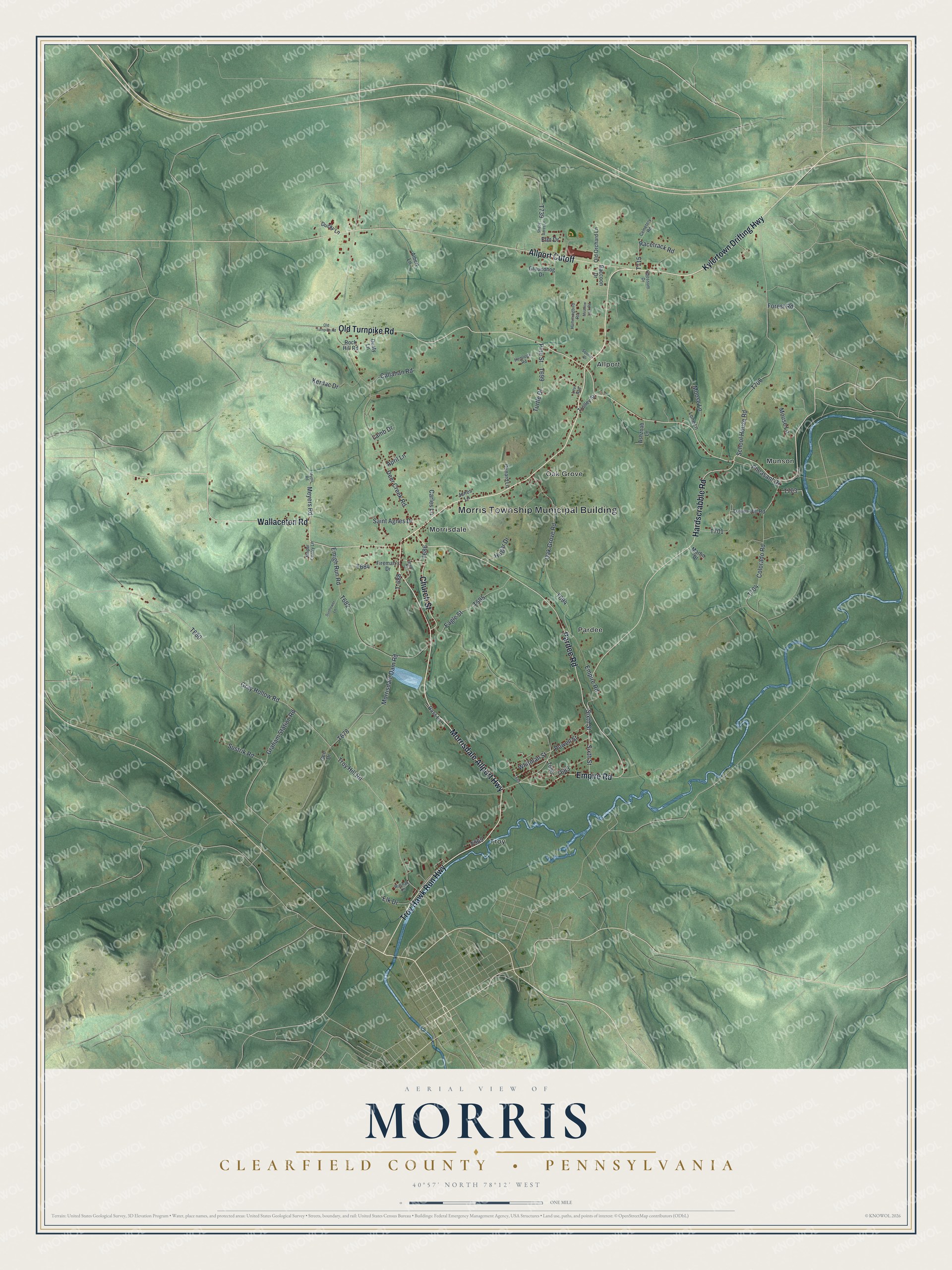 Full map of Morris, Clearfield County, Pennsylvania, with red buildings, printed street names and the land around them