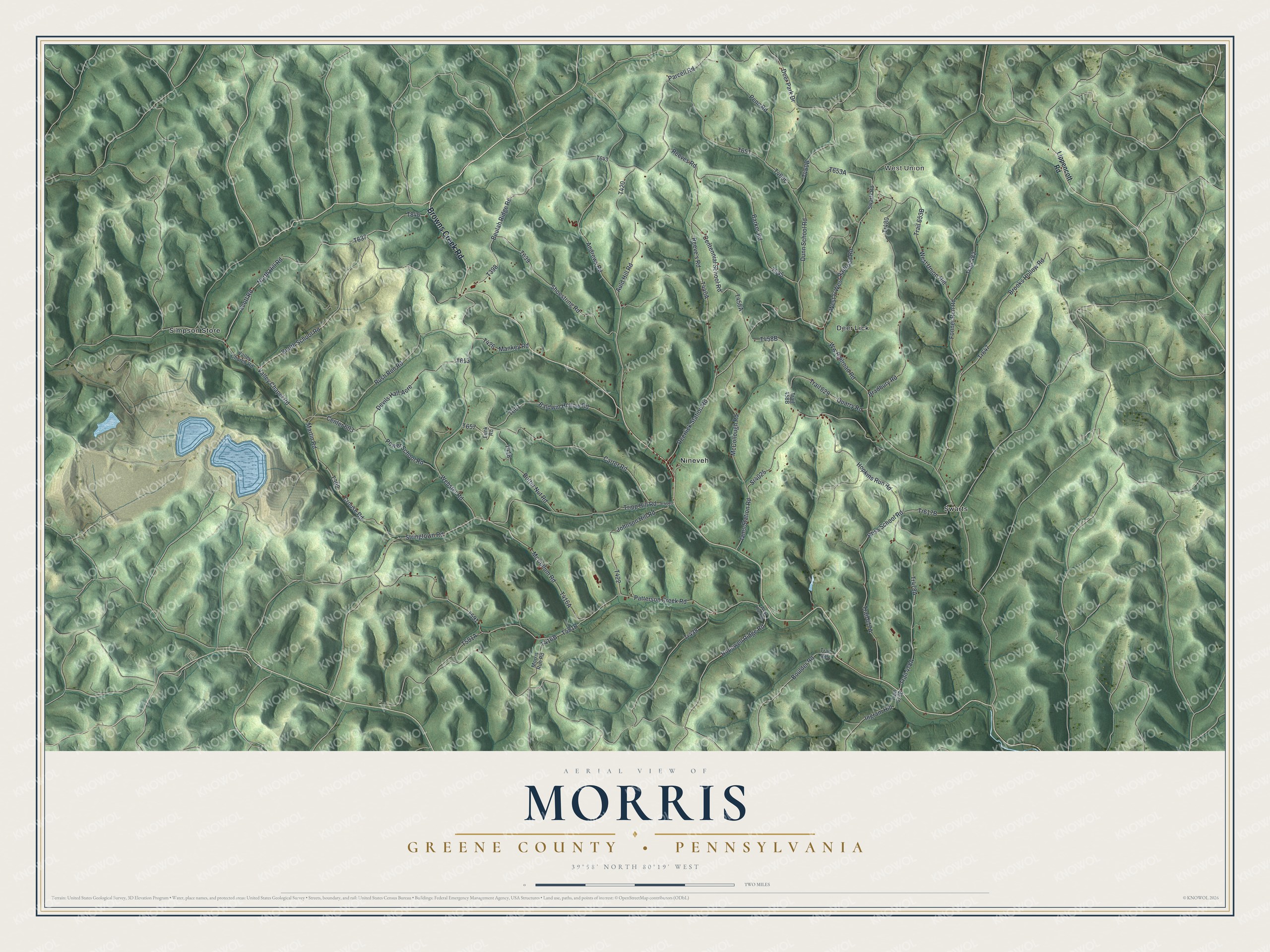 Full map of Morris, Greene County, Pennsylvania, with red buildings, printed street names and the land around them
