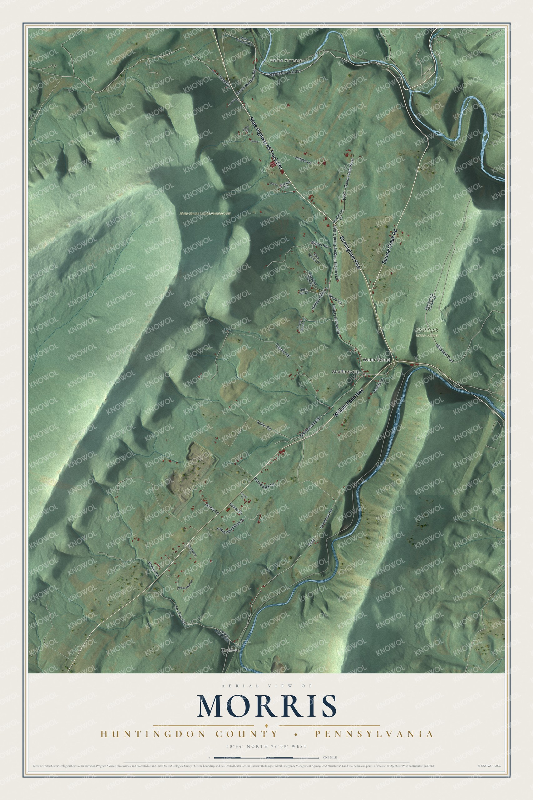Full map of Morris, Huntingdon County, Pennsylvania, with red buildings, printed street names and the land around them