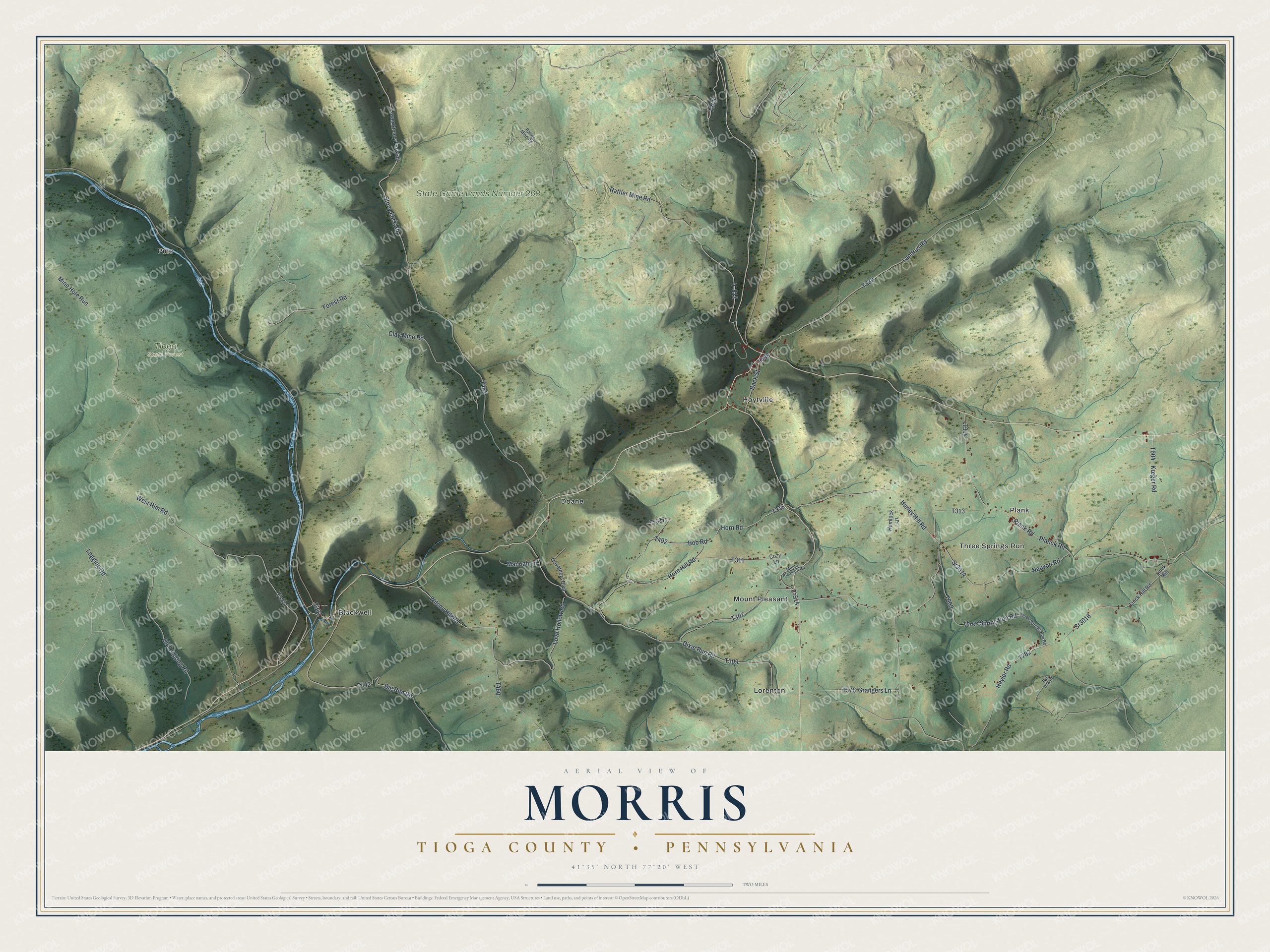 Full map of Morris, Tioga County, Pennsylvania, with red buildings, printed street names and the land around them