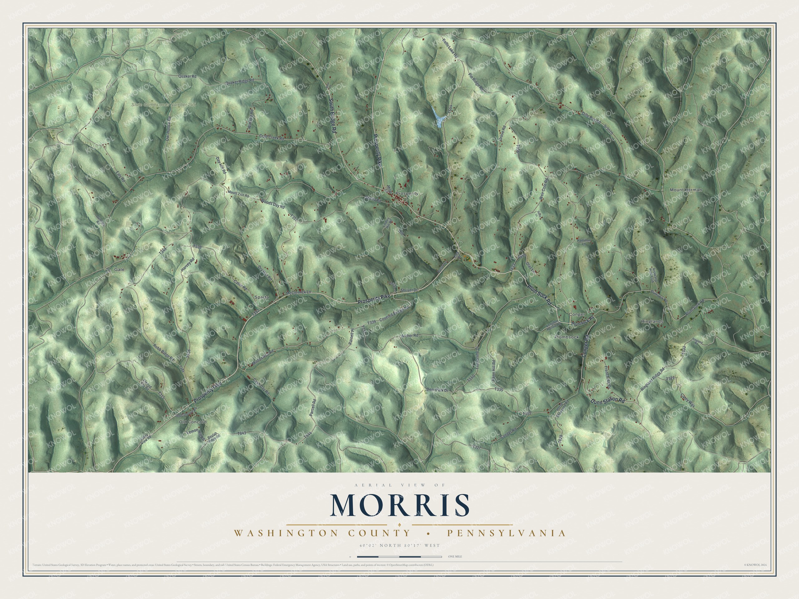 Full map of Morris, Washington County, Pennsylvania, with red buildings, printed street names and the land around them