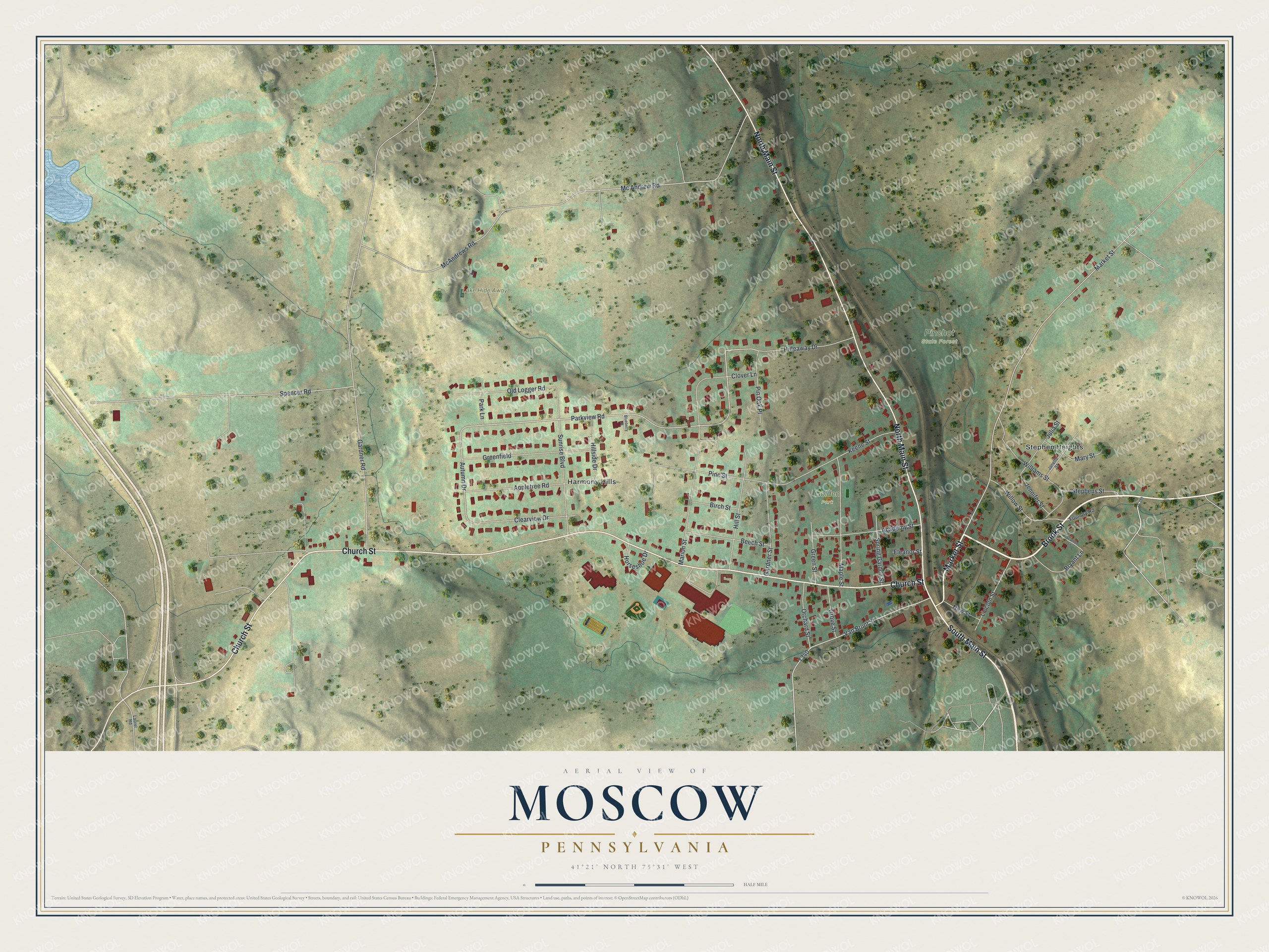 Full map of Moscow, Pennsylvania, with red buildings, printed street names and the land around them